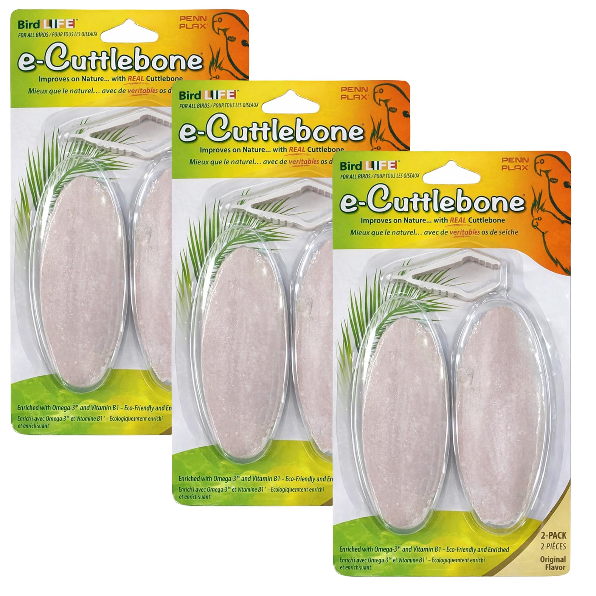 Penn-Plax Bird-Life E-Cuttlebone Original, 3 Pk (2 Count Each) - Durable, Less Brittle Cuttlebones Enriched with Omega 3, Honey 