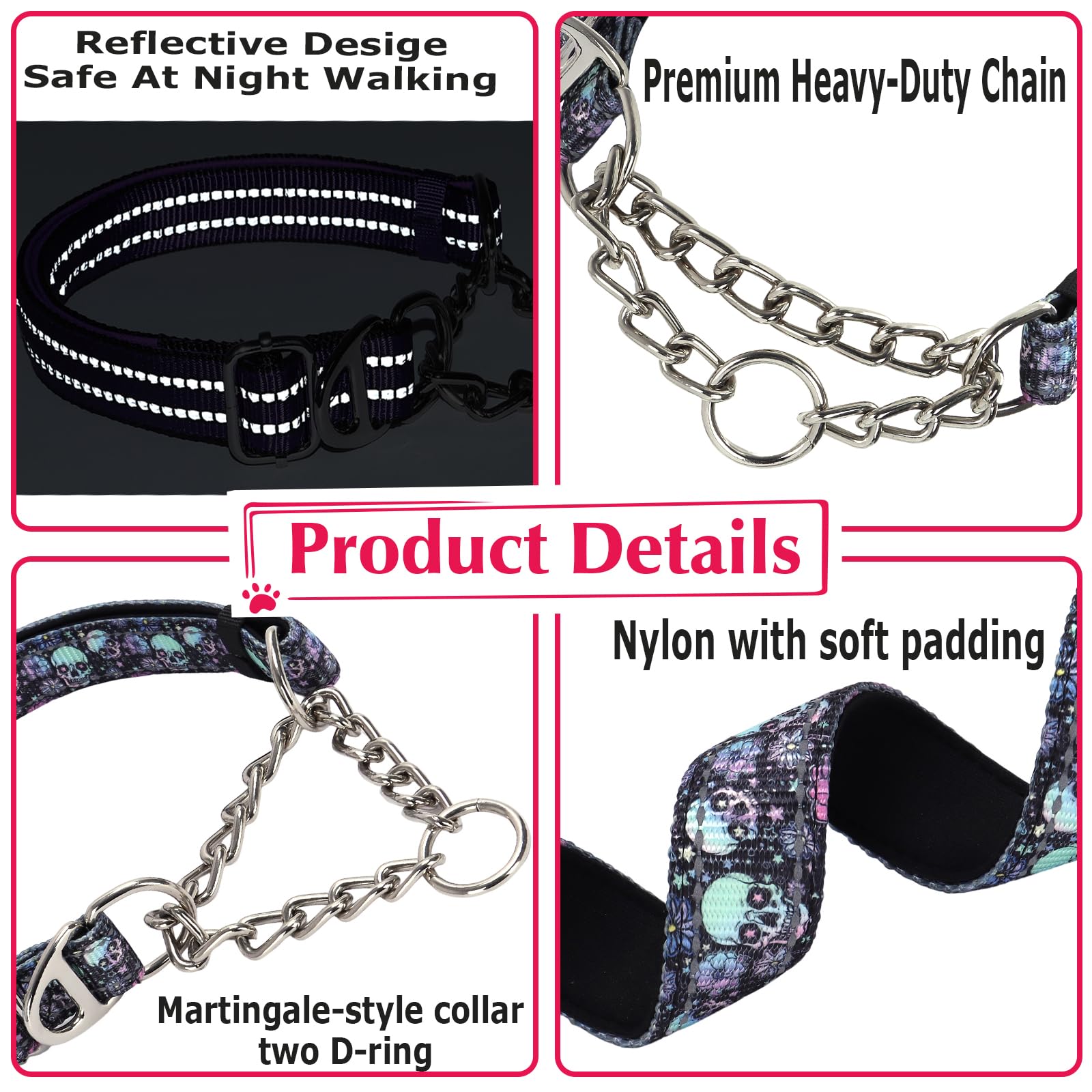 Martingale Dog Collar With Chain,Skull Reflective Nylon Soft Padded Adjustable Choke Collar For Large Breed Dogs, Medium, Xl, Xx