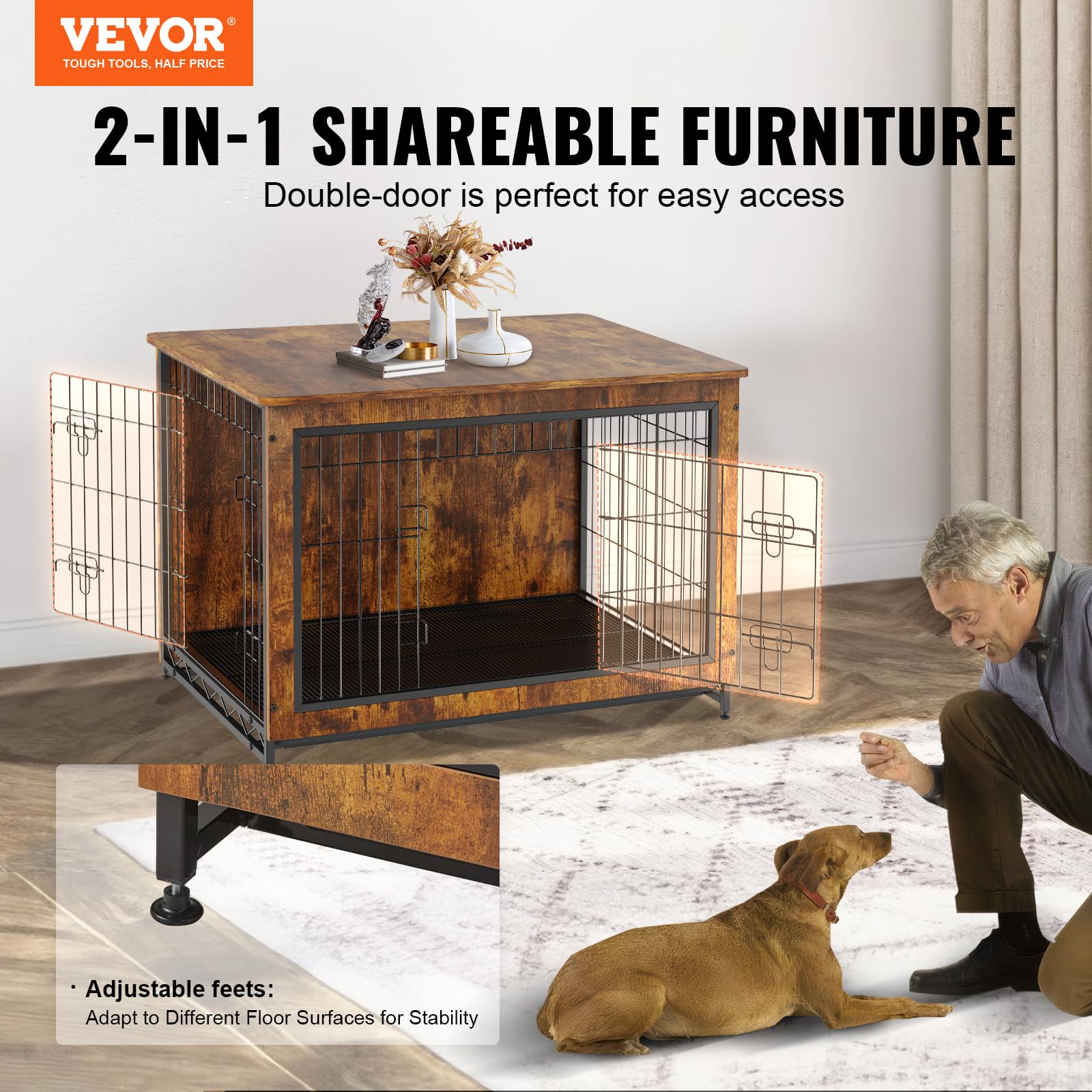 VEVOR Dog Crate Furniture, 38 inch Wooden Dog Crate with Double Doors, Heavy-Duty Dog Cage End Table with Multi-Purpose Removabl