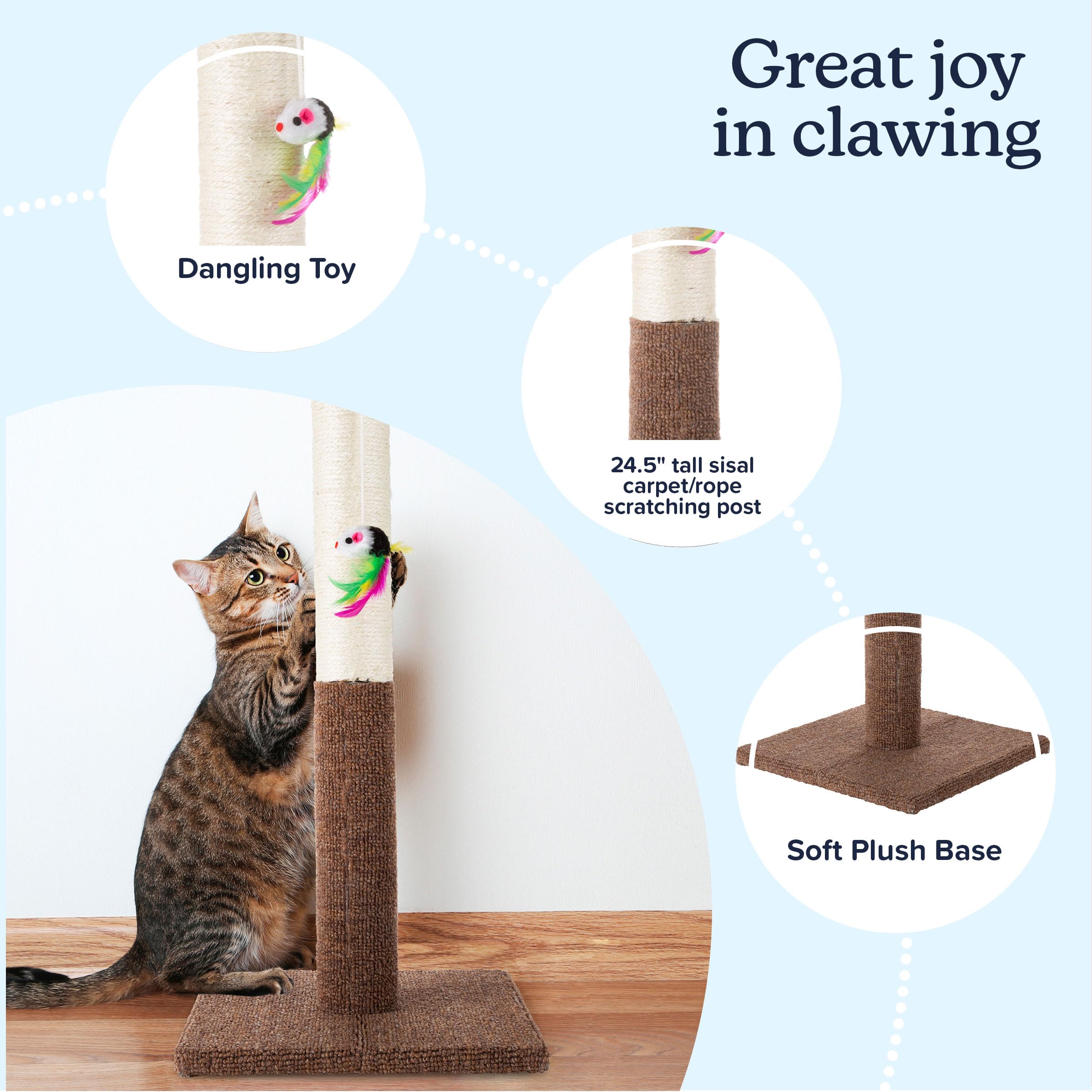 Petmaker Cat Scratching Post - Tall Scratcher For Cats And Kittens With Sisal Rope And Carpet, Hanging Mouse Toy For Interactive Play (24.5 Inch)