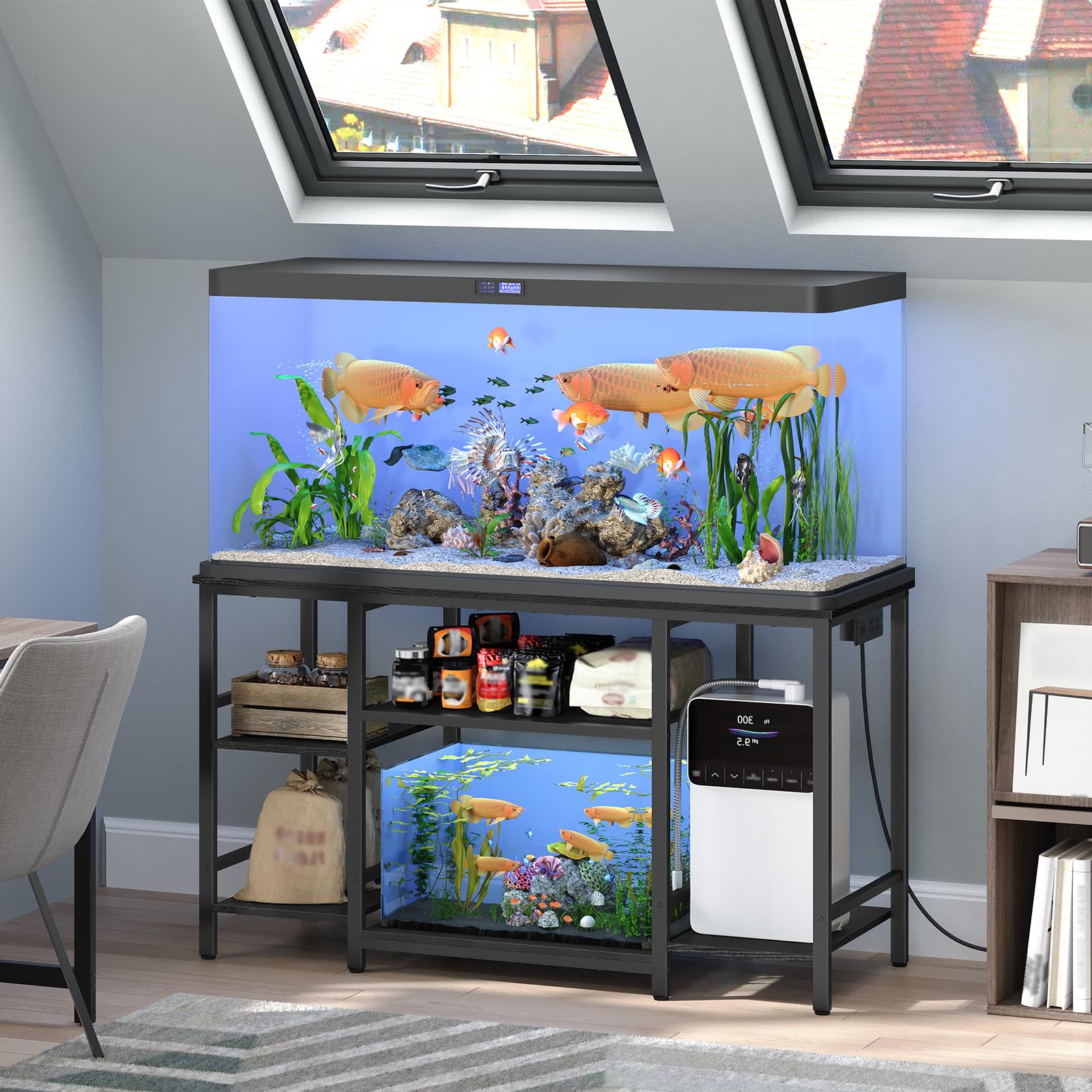 MAHANCRIS 55-75 Gallon Fish Tank Stand with Power Outlet, 3-Tier Metal Frame Aquarium Stand, Heavy Duty Reptile Terrarium Tank S