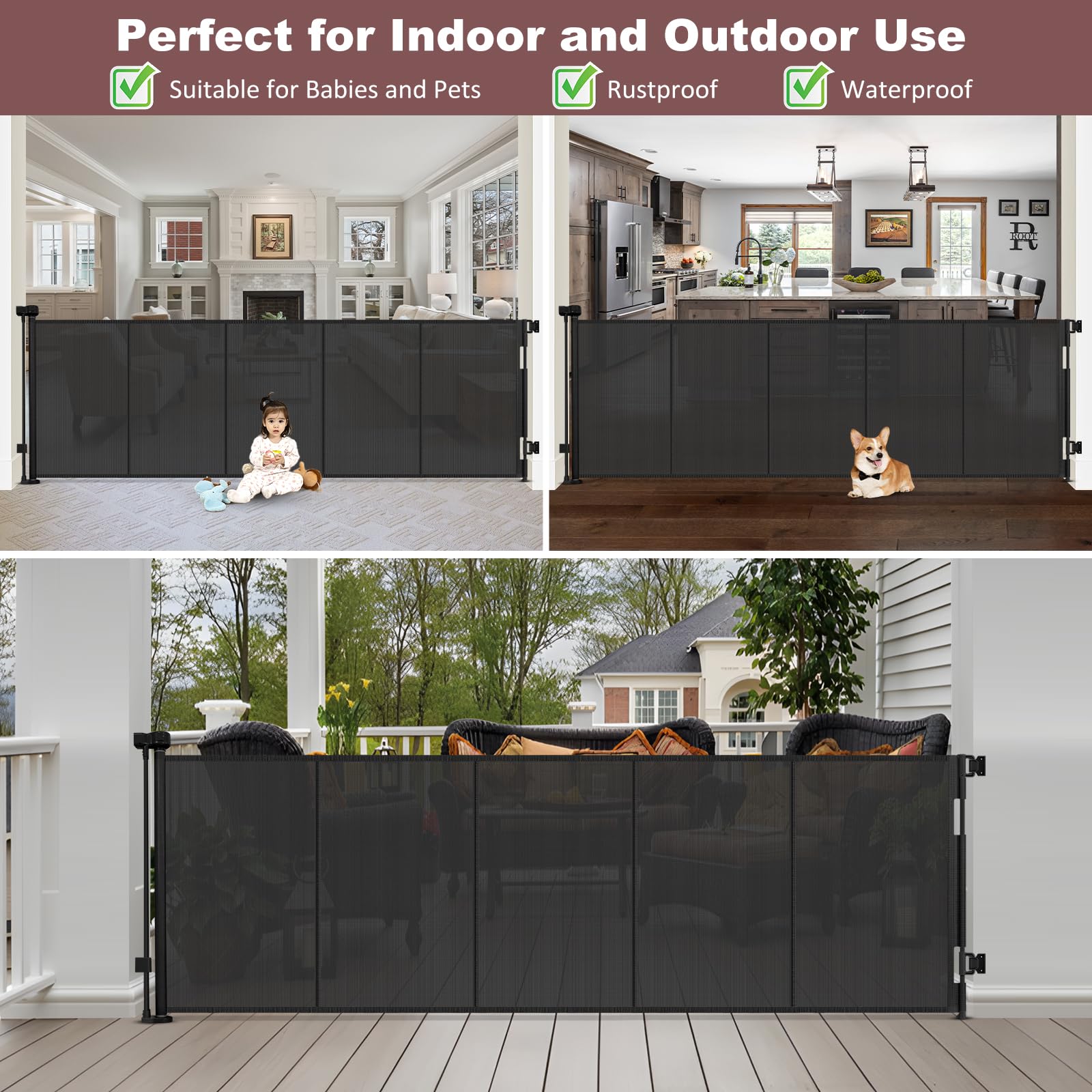 Reinforced 41'' Extra Tall Retractable Baby Gates Extra Wide 100'' Retractable Dog Gate with Support Rods, Indoor Extra Long Bab