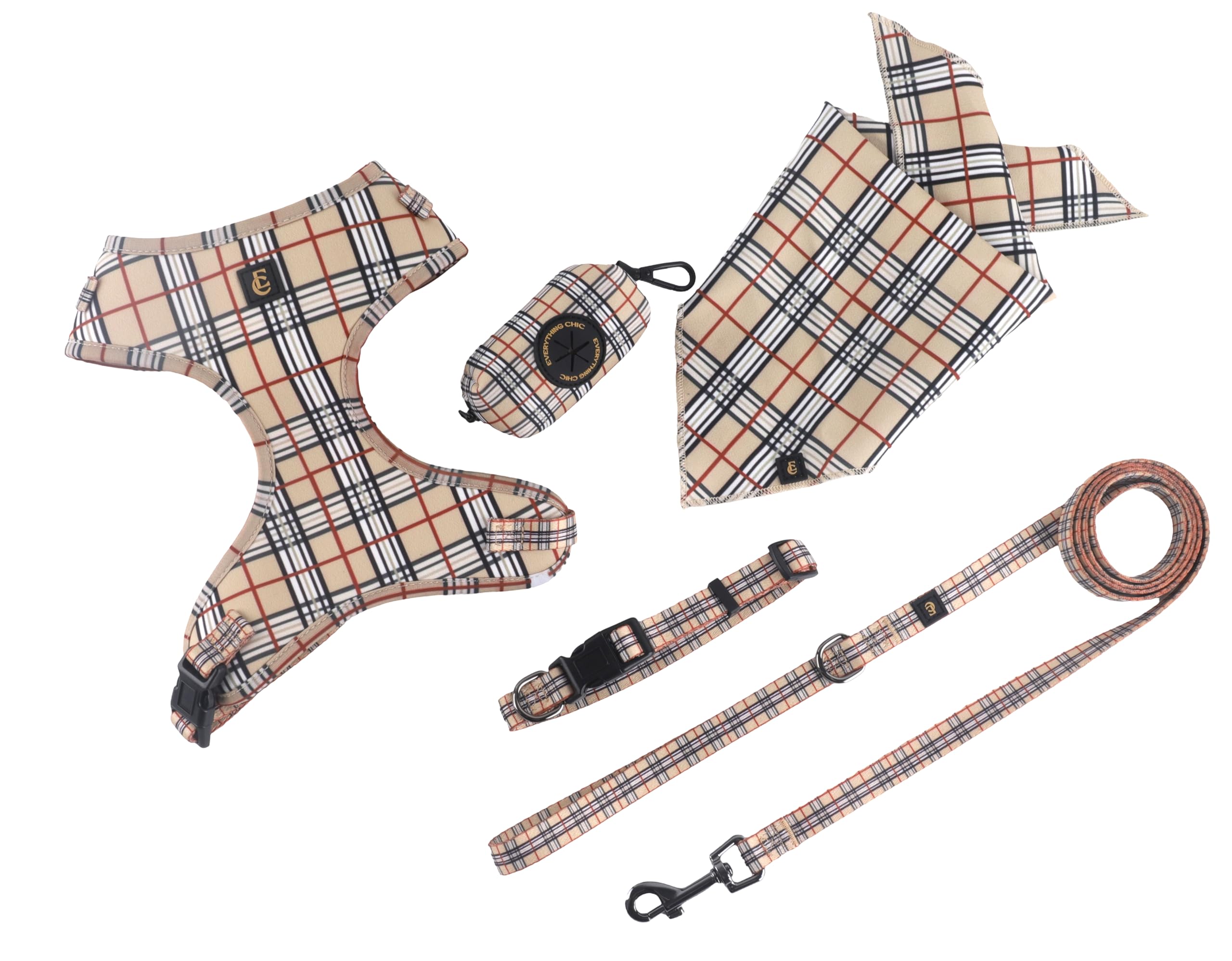 Adjustable Dog Harness, Leash, Poop Bag Holder/Dispenser And Bandana Set, No Pull, Soft Mesh Padded, For Small/Medium Dogs Outdo