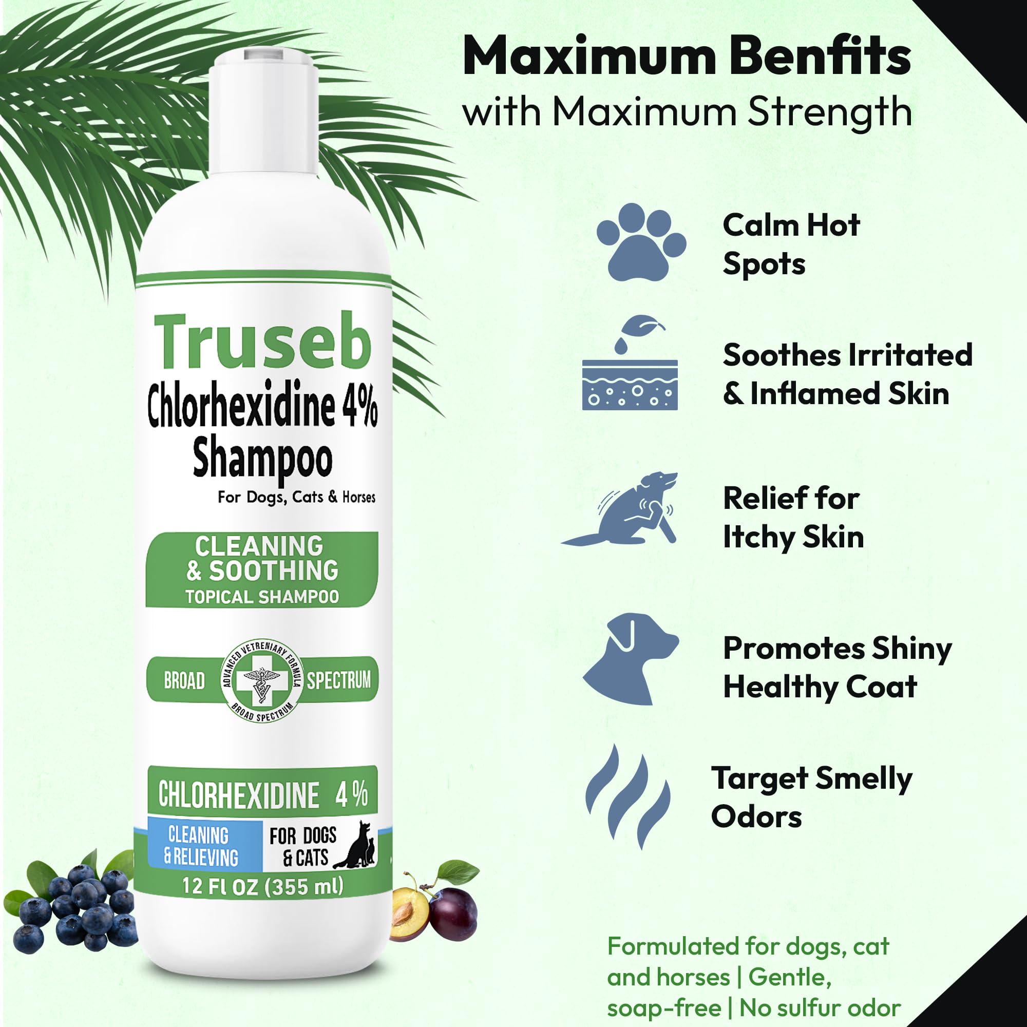 Truseb Topical Chlorhexidine 4% Shampoo For Dogs, Cats, And Horses With Plum/Blueberry Scent - 12 Oz - Made In U.S.A (Chlorhexid