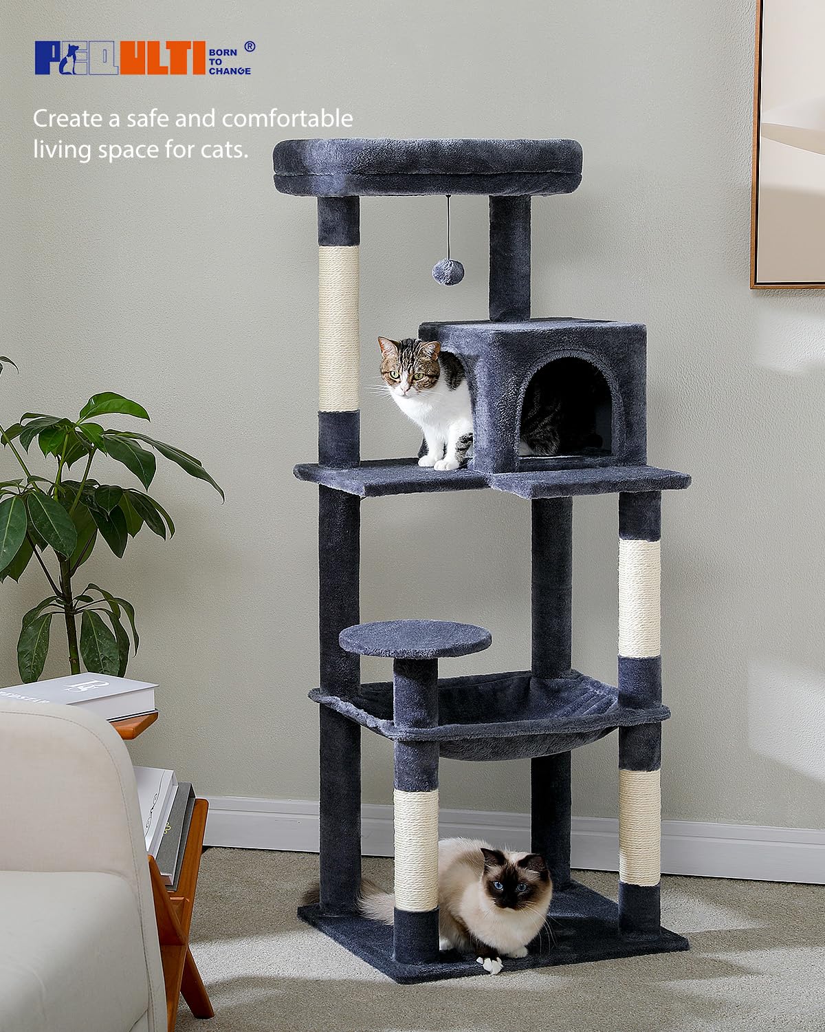 Pequlti Cat Tree For Large Cats With Metal Frame Big Hammock, Cat Tower For Indoor Cats With 2 Door Condo House, [56.3=143Cm]