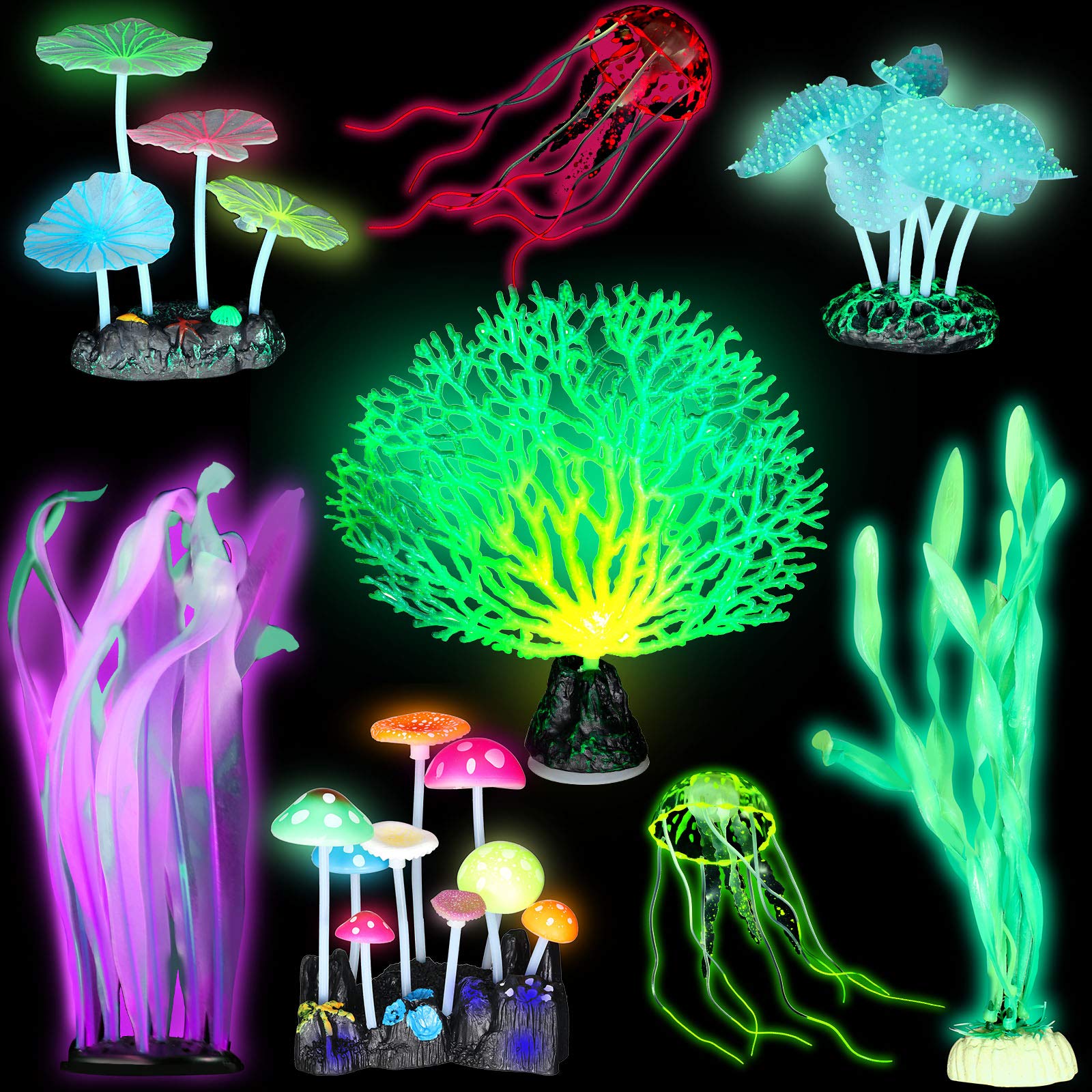 Frienda 8 Pieces Glowing Fish Tank Decorations Plants with 2 Style Glowing Kelp, Sea Anemone, Simulation Coral, Jellyfish, Lotus