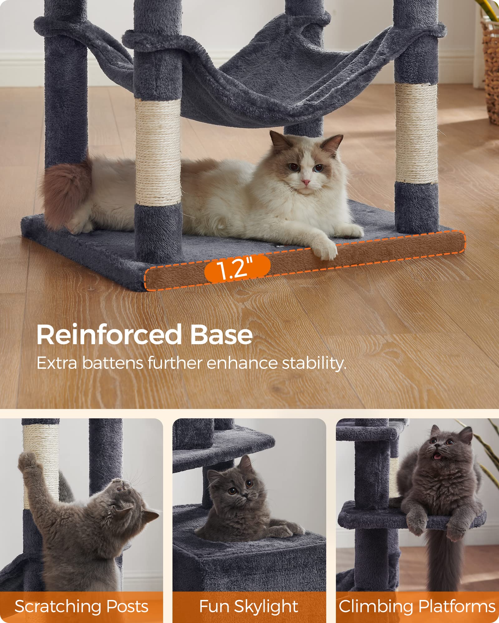 Feandrea Cat Tree, 75.2-Inch Cat Tower For Indoor Cats, Plush Multi-Level Cat Condo With 5 Scratching Posts, 2 Perches, 2 Caves, Hammock, 2 Pompoms, Smoky Gray Upct191G01