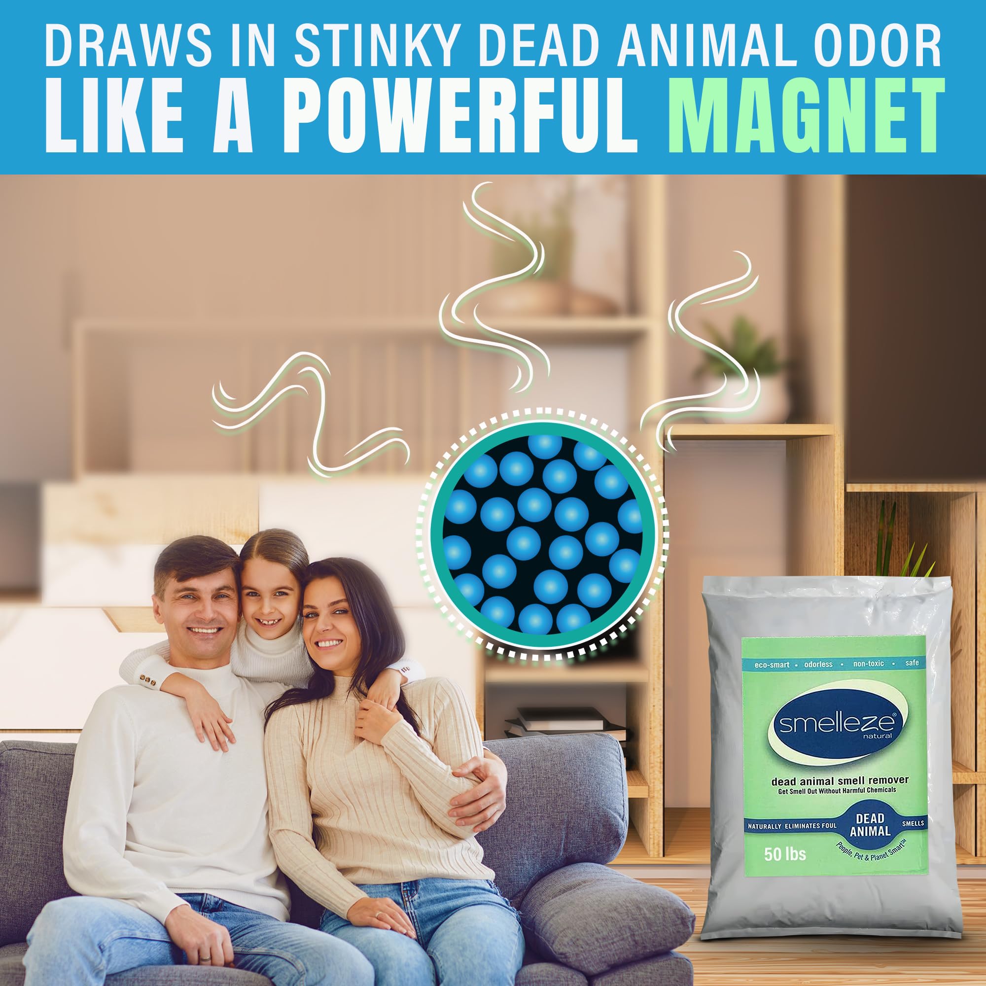 Smelleze Dead Animal Odor Eliminator - Strong Odor Removal - Natural & Safe Indoor & Outdoor Use - Granules, 50 Lbs.