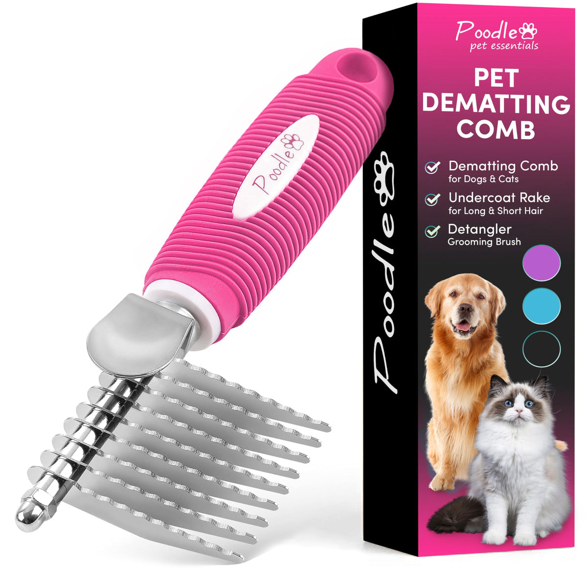 Poodle Pet Dematting Fur Rake Comb Brush Tool - Dog And Cat Comb With Long 2.5 Inches Steel Safety Blades For Detangling Matted Or Knotted Undercoat Hair (Pink, Dematting Comb)