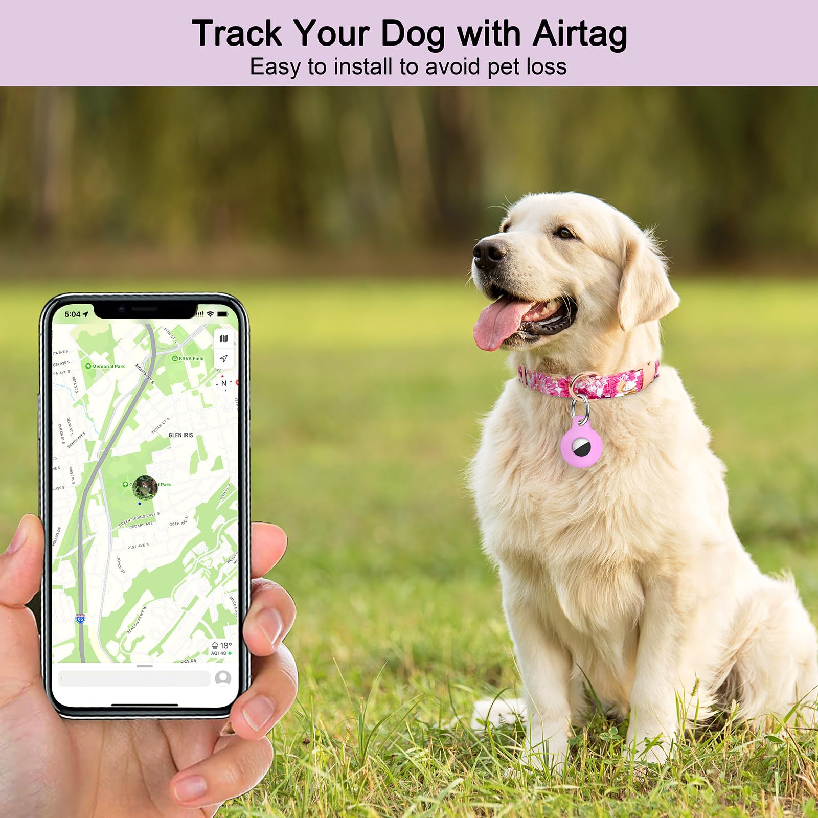 Dog Collar And Leash Set With Airtag Holder,Adjustable Dog Collars With Quick Release Metal Buckle,Flowers Patterns With Soft Pa