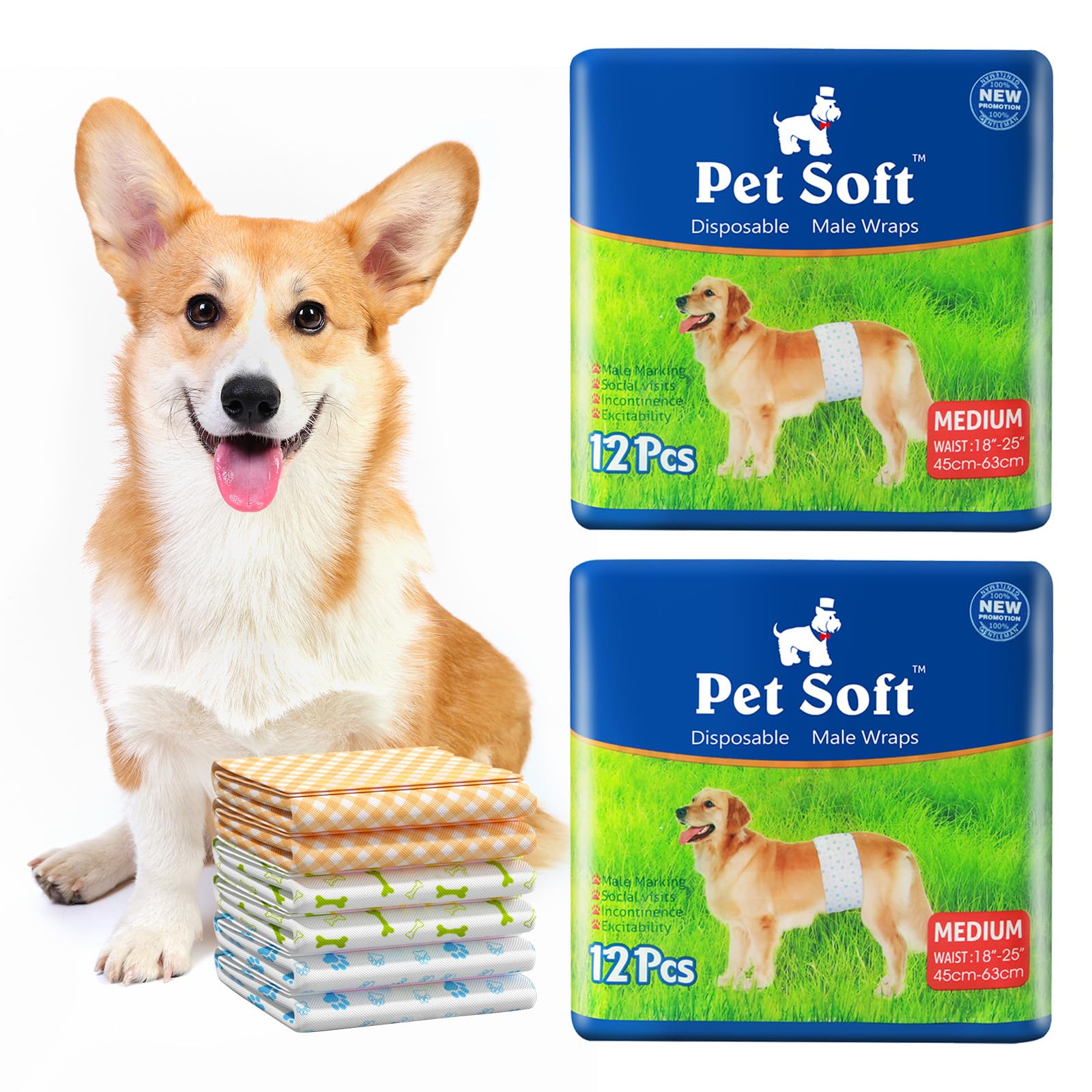 Pet Soft Disposable Male Dog Wraps - Dog Diapers For Male Dogs, Puppy Diapers 24Pcs Medium