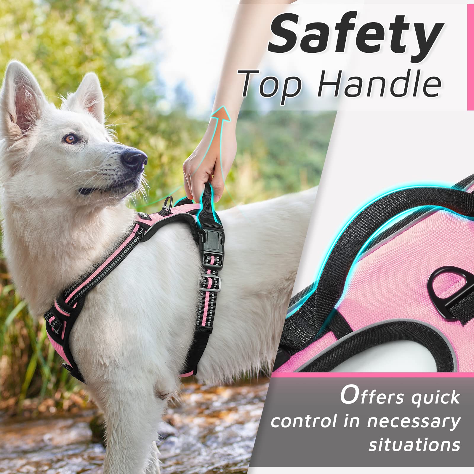 Eagloo Dog Harness For Large Dogs, No Pull Service Vest With Reflective Strips And Control Handle, Adjustable And Comfortable For Easy Walking, No Choke Pet Harness With 2 Metal Rings, Pink, L