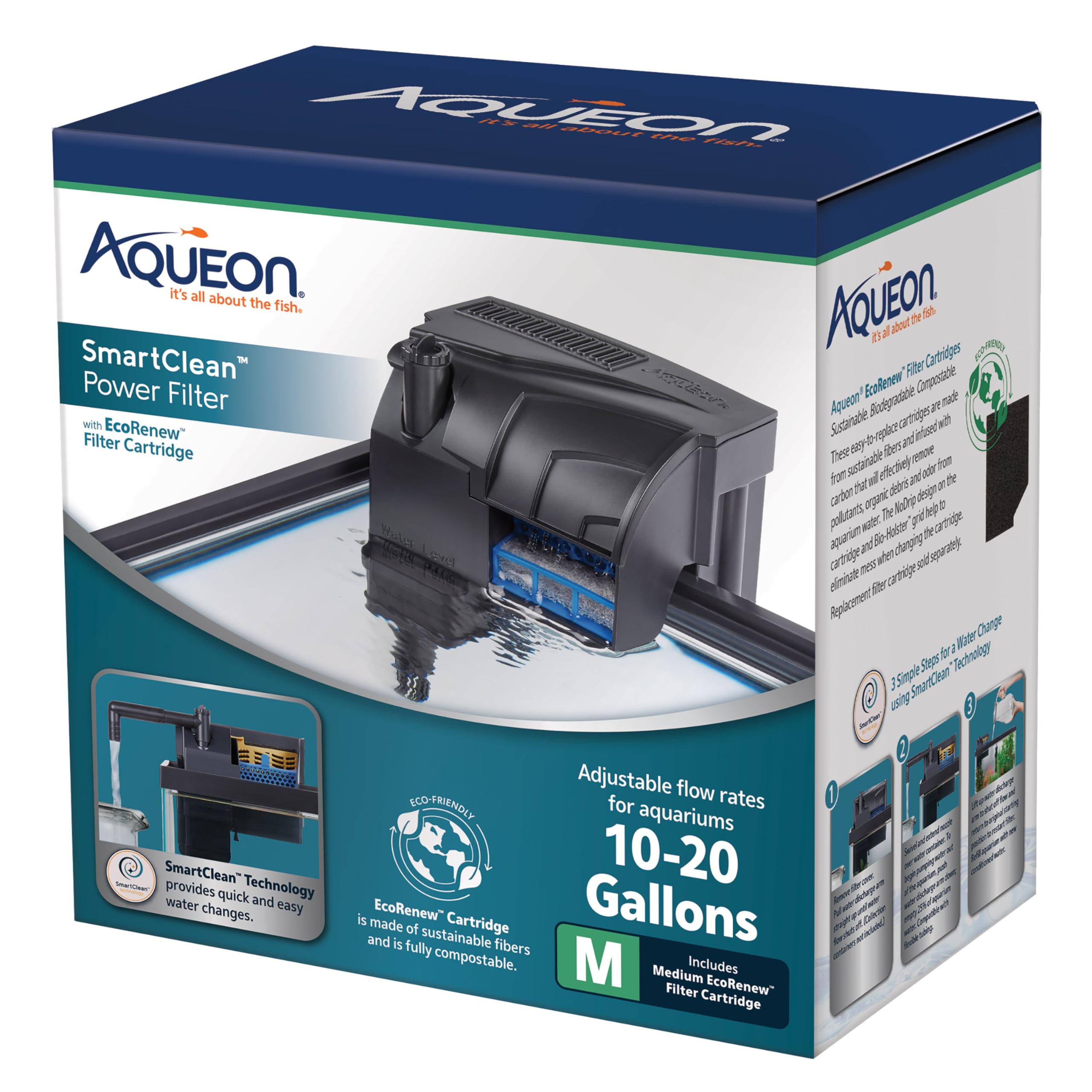 Aqueon Aquarium Fish Tank Smartclean Power Filter With Ecorenew Filter Cartridge, 10-20 Gallons