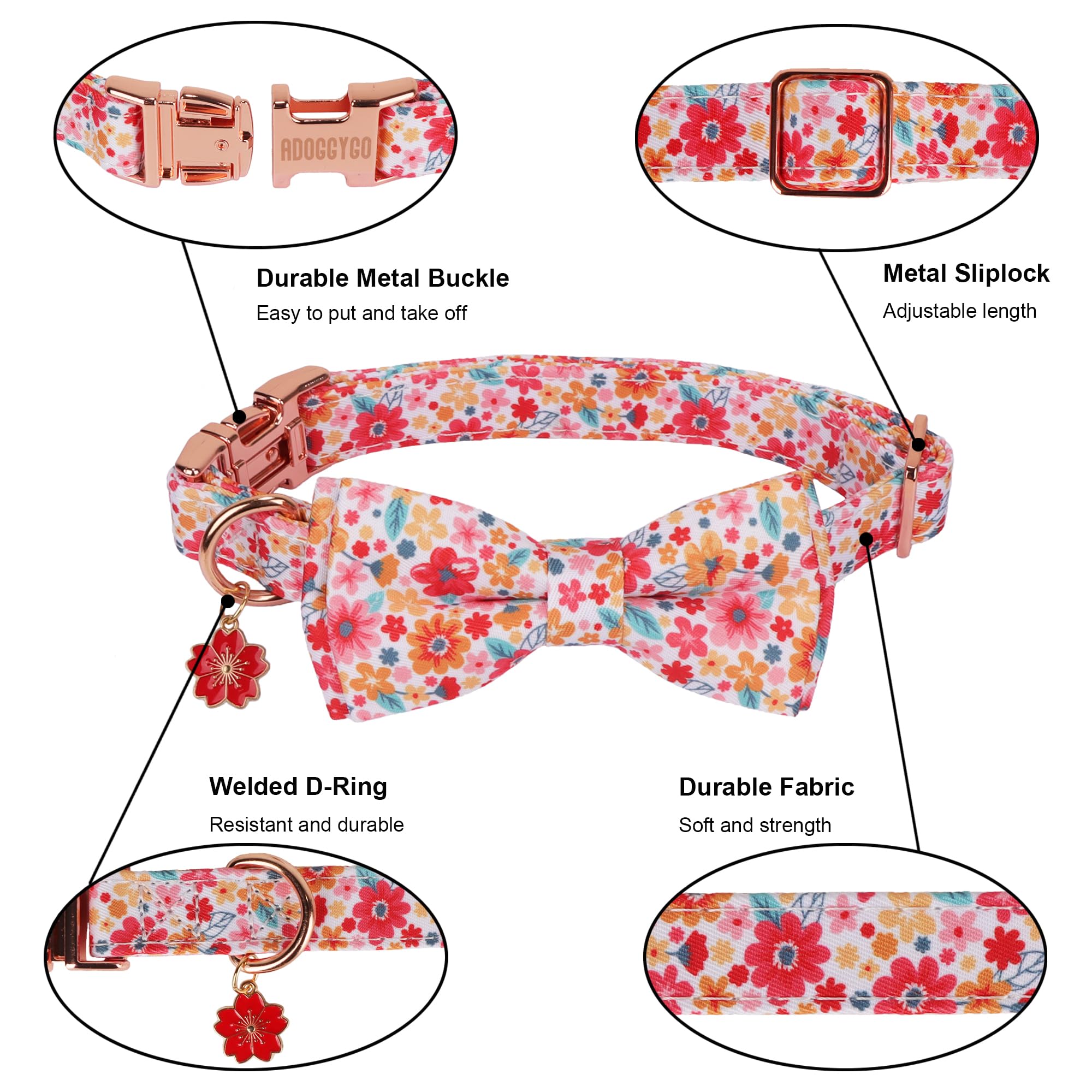 Adoggygo Floral Dog Collar With Bow, Metal Buckle, Adjustable Red Pink Pet Flower Collar For Medium Dogs (Medium)