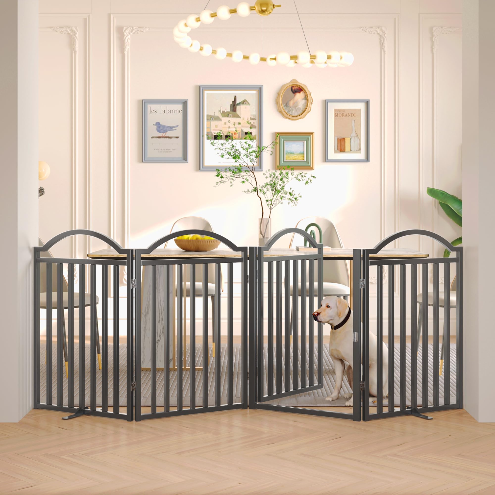 Bhg Metal No-Assembly Freestanding Dog Gate With Door Walk Through, Extra Wide 96'', Extra Tall 32'' Pet Gate, Accordion Puppy F