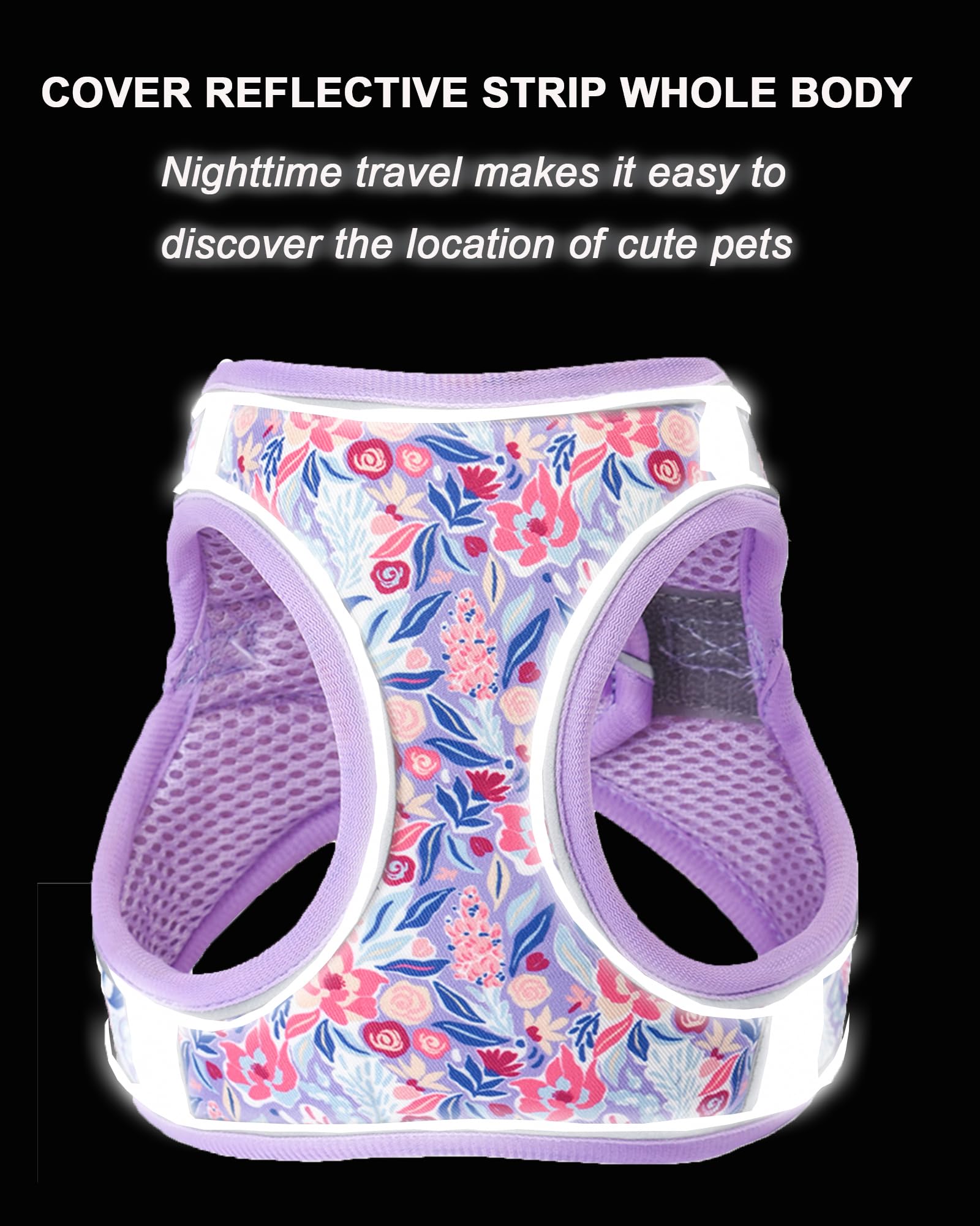 JUFOO Light Purple Flower Pattern Dog Harness and Leash Set,No Escape Easy Walk Puppy Harnesses for Training Walking,Breathable