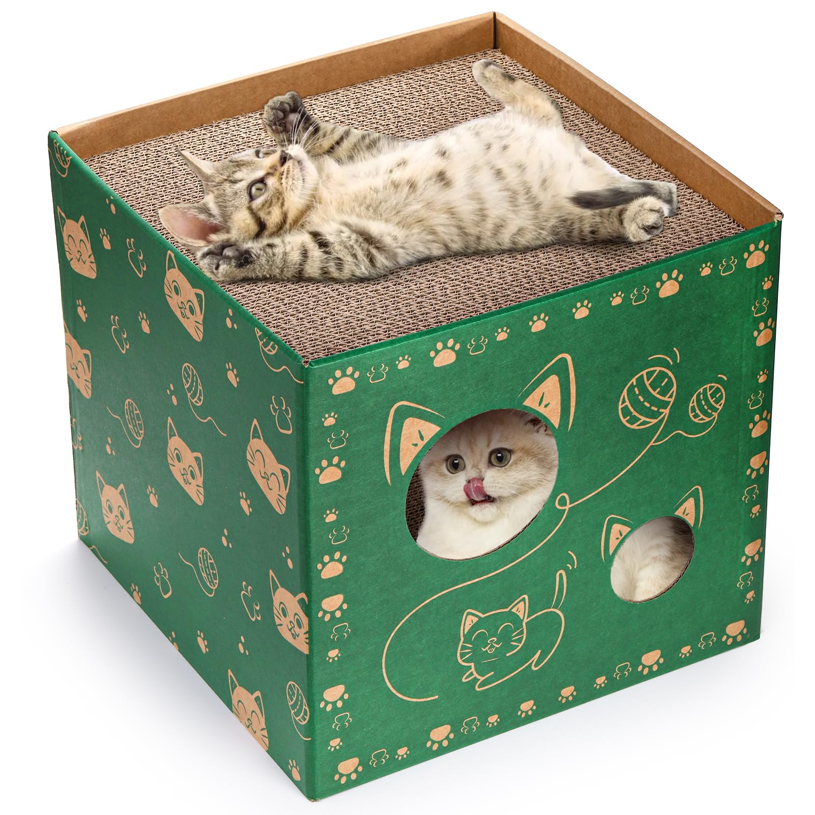 Pumtus 2 Pack Cardboard Cat Houses, Cat Play House With 2 Pcs Scratching Pad, Corrugated Cat Hideaway Cave, Cute Cat Condos Box,