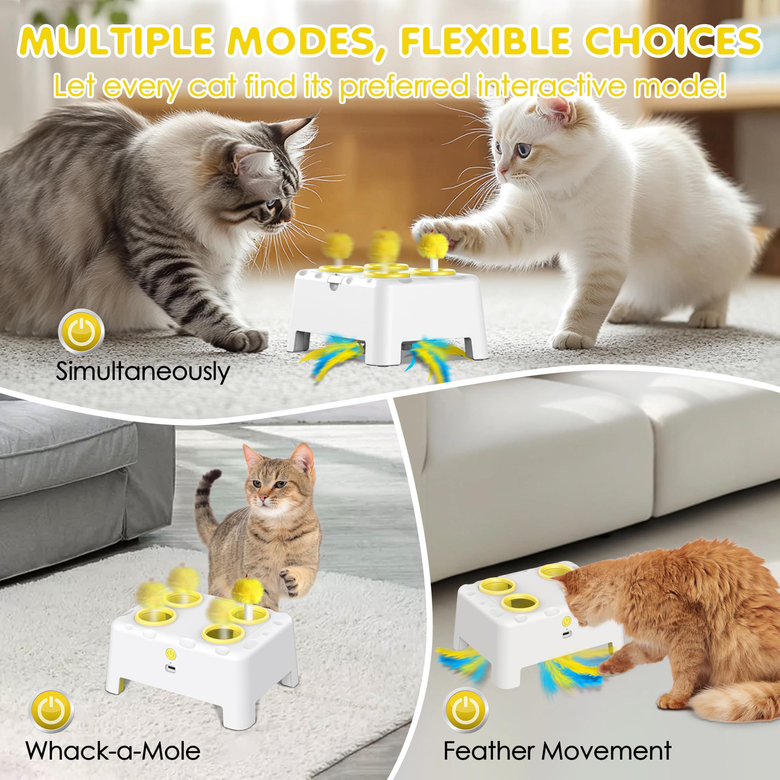 Kezlume Cat Toys, 2 In1 Automatic Interactive Cat Toys For Indoor Cats, 4 Holes Mice Whack A Mole Cat Mouse Toy With Moving Feat