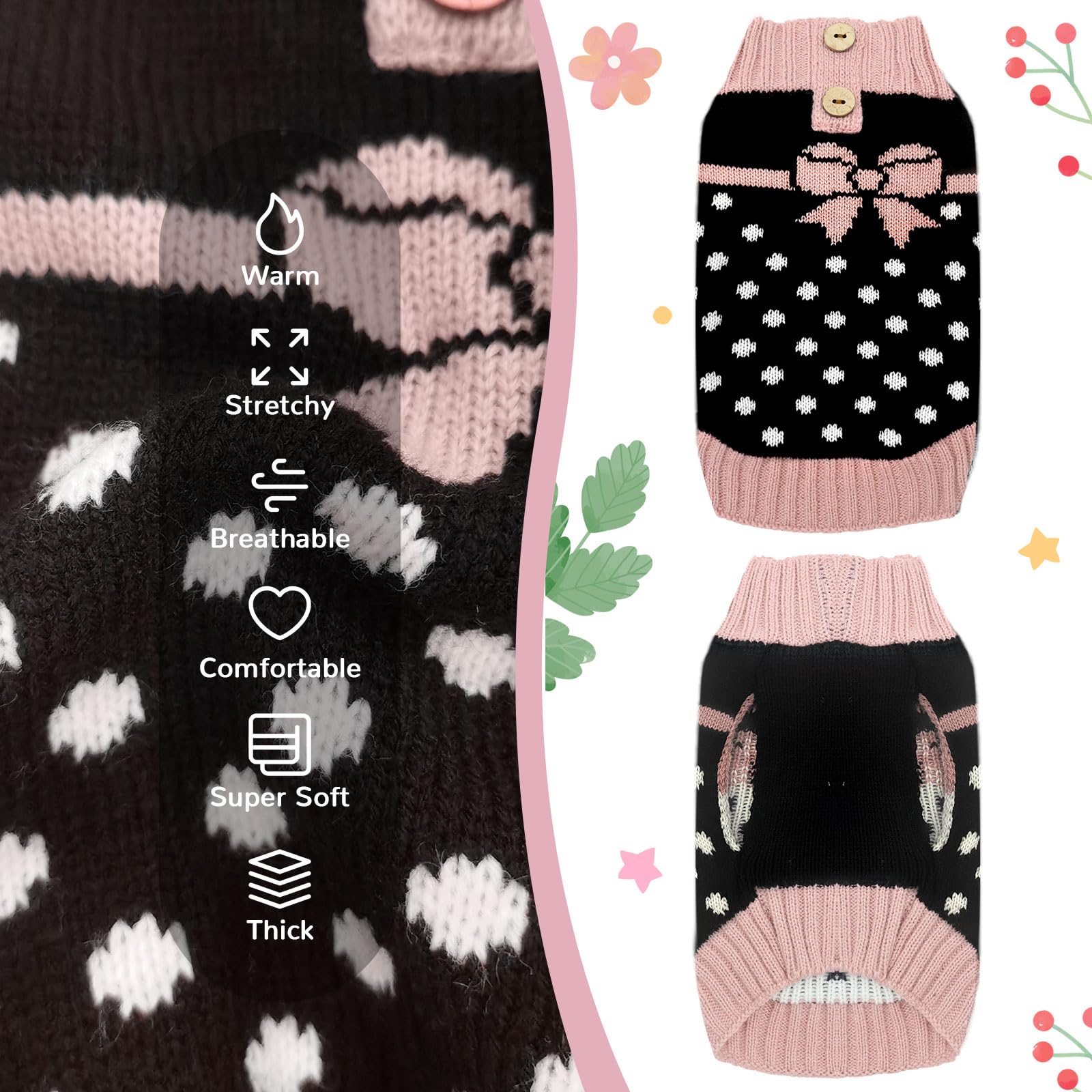 PETCARE Cute Small Dog Sweater Dot Black Dog Sweater with Purple Bowtie Puppy Dog Clothes for Small Medium Dogs Cats Girl Warm F