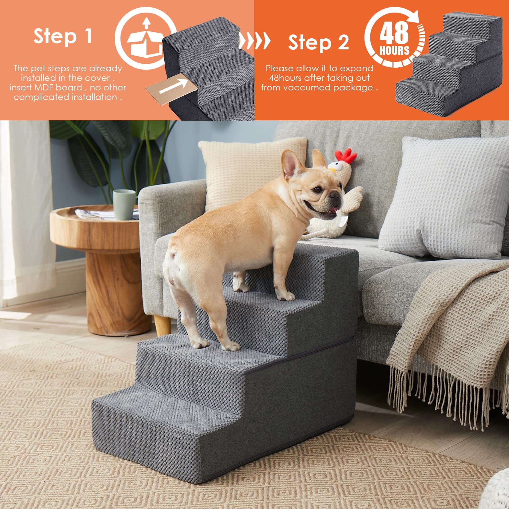 Eheyciga Dog Stairs For Small Dogs, 4-Step Dog Stairs For High Beds And Couch, Folding Pet Steps For Small Dogs And Cats, And High Bed Climbing, Non-Slip Balanced Dog Indoor Step, Grey, 3/4/5 Steps