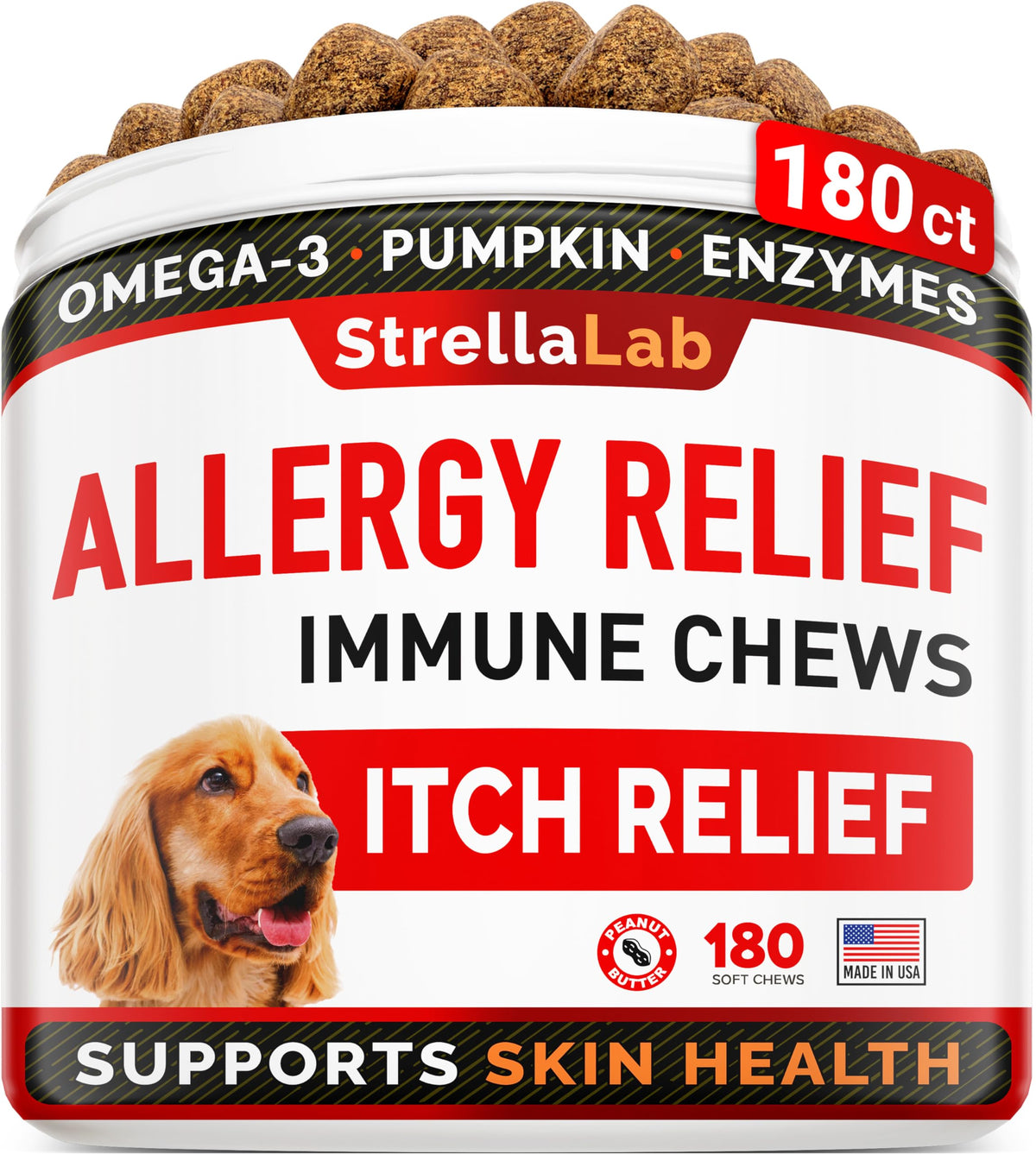 Strellalab Dog Allergy Relief (180 Chews) - Dog Itchy Skin Treatment + Omega 3 & Pumpkin, Dog Allergy Chews & Anti Itch Support Supplement, Dogs Itching & Licking Treats, Dog Itch Relief Chew