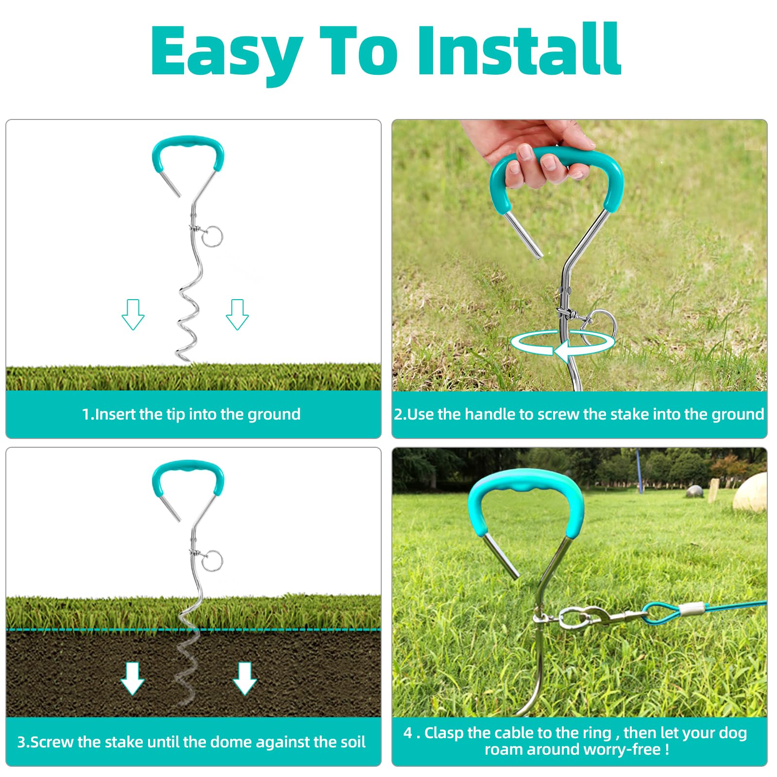 Snagle Paw Dog Tie Out Stake And Run Cable, 20Ft Long Lead With Yard Stake, Chains For Outside, Leash Camping & Beach, Tether Medium Large Dogs, Ice Blue