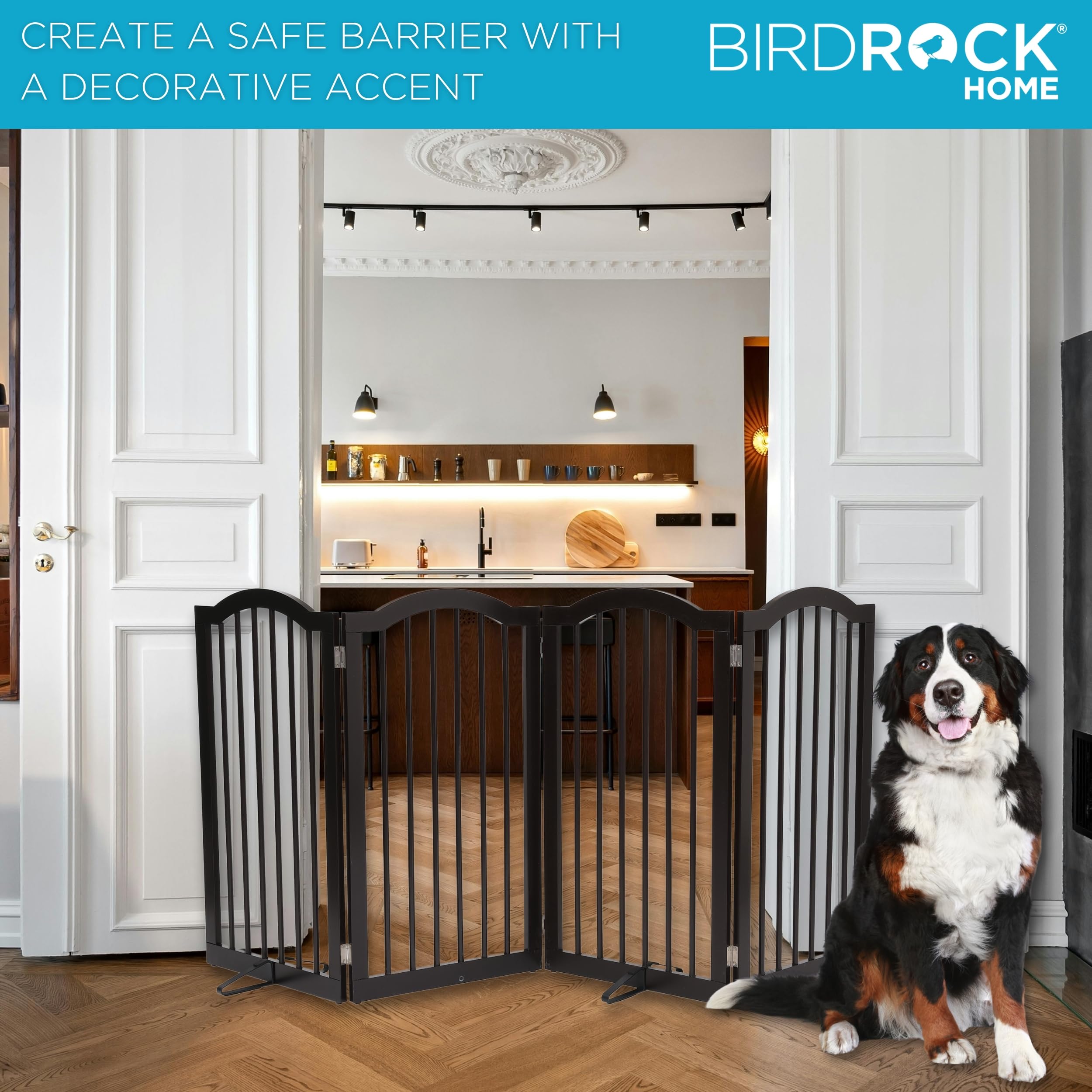 INTERNETS BEST Arched Top Dog Gate with Support Feet | 4 Panel, 36 H Wooden Pet Barrier for Dogs or Cats | Freestanding Folding