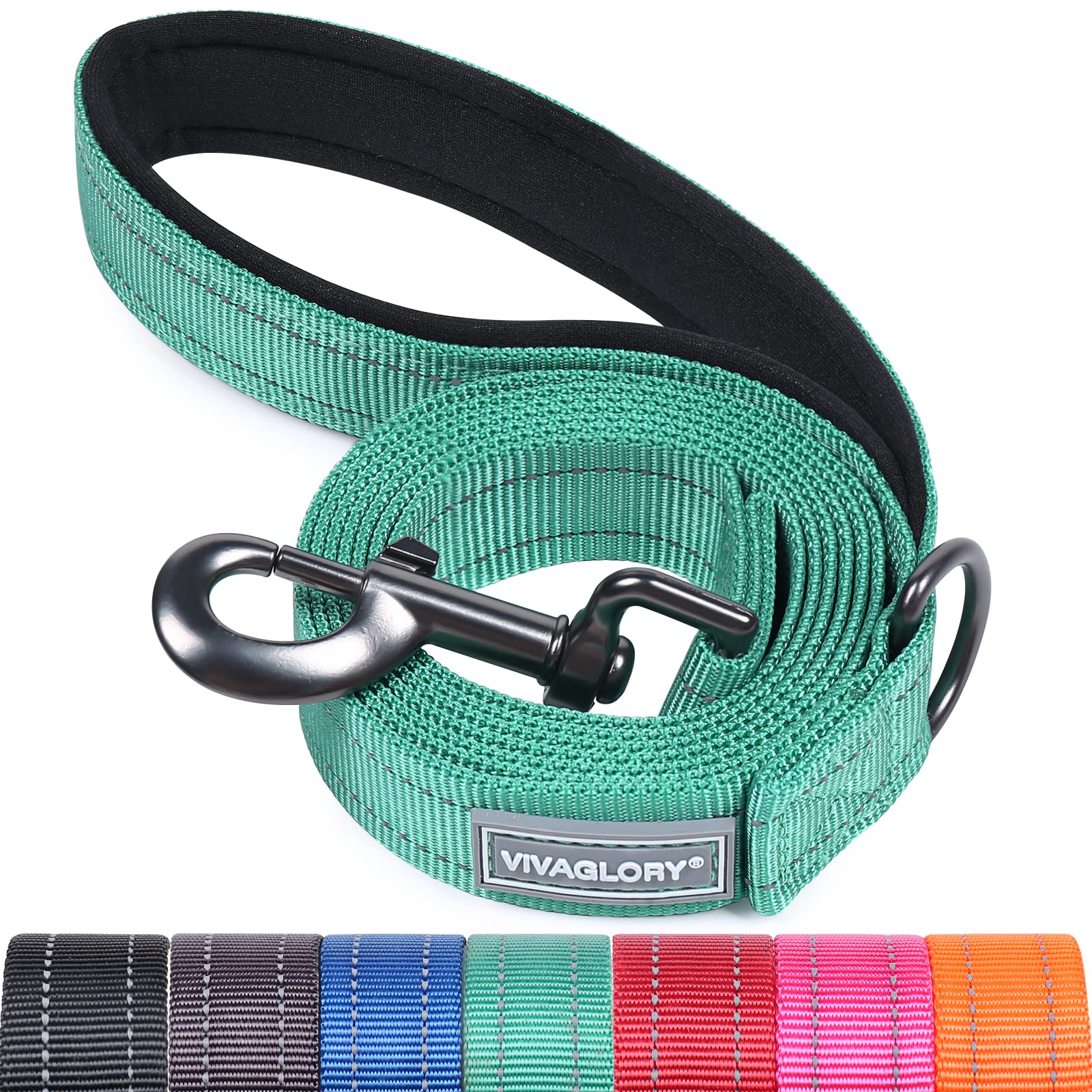 Vivaglory Dog Training Leash With Padded Handle, Heavy Duty 6Ft Long Reflective Nylon Leash Walking Lead For Medium To Large Dogs, Green