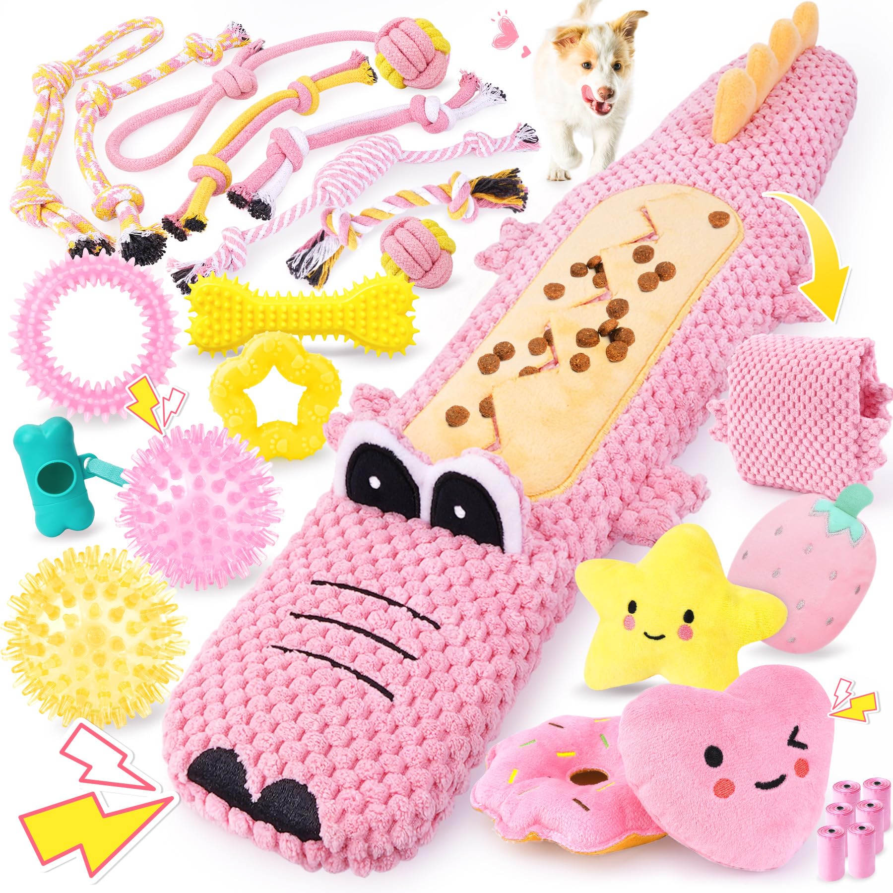 KIPRITII 25-Pack Pink Dreamy Dog Toy Set for Small Female Puppies - Includes Sweet Rope Toys, Chew Toys, Cute No-Stuffing Squeak