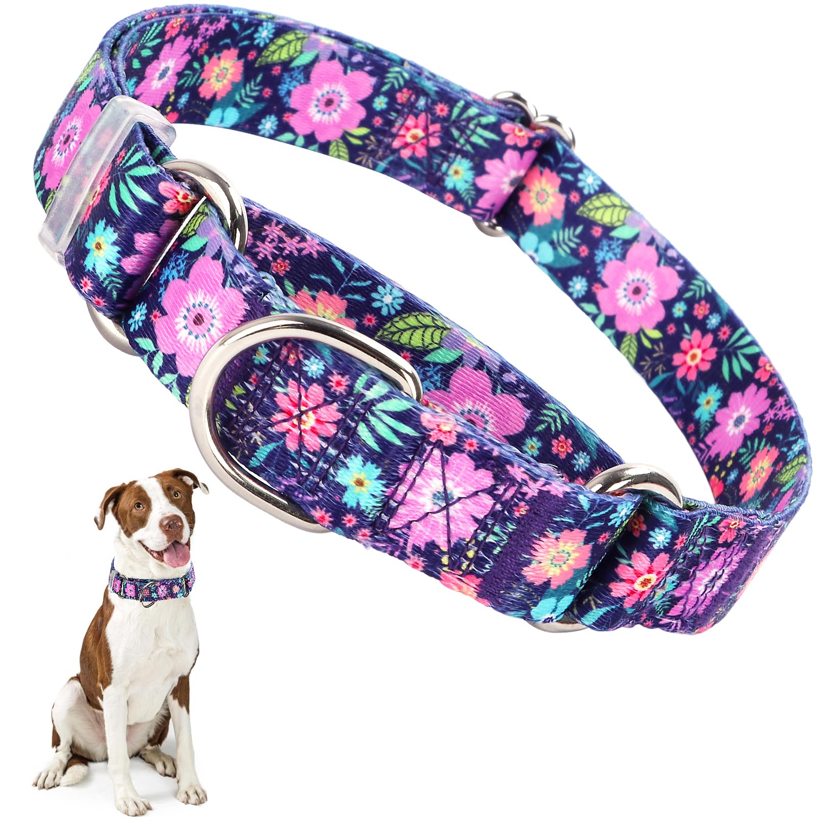 Martingale Collar For Dogs, Adjustable Soft Nylon Dog Collars With Special Design Flower Patterns For Small Medium Large Dog(L)