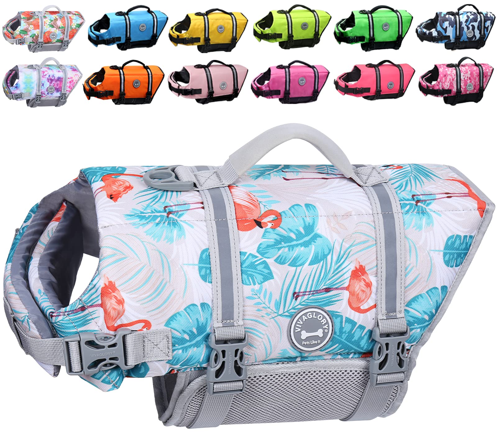 Vivaglory Ripstop Dog Life Jacket For Boating, Dog Swimming Vest Enhanced Visibility Safety And Buoyancy, Leaves Blue, M