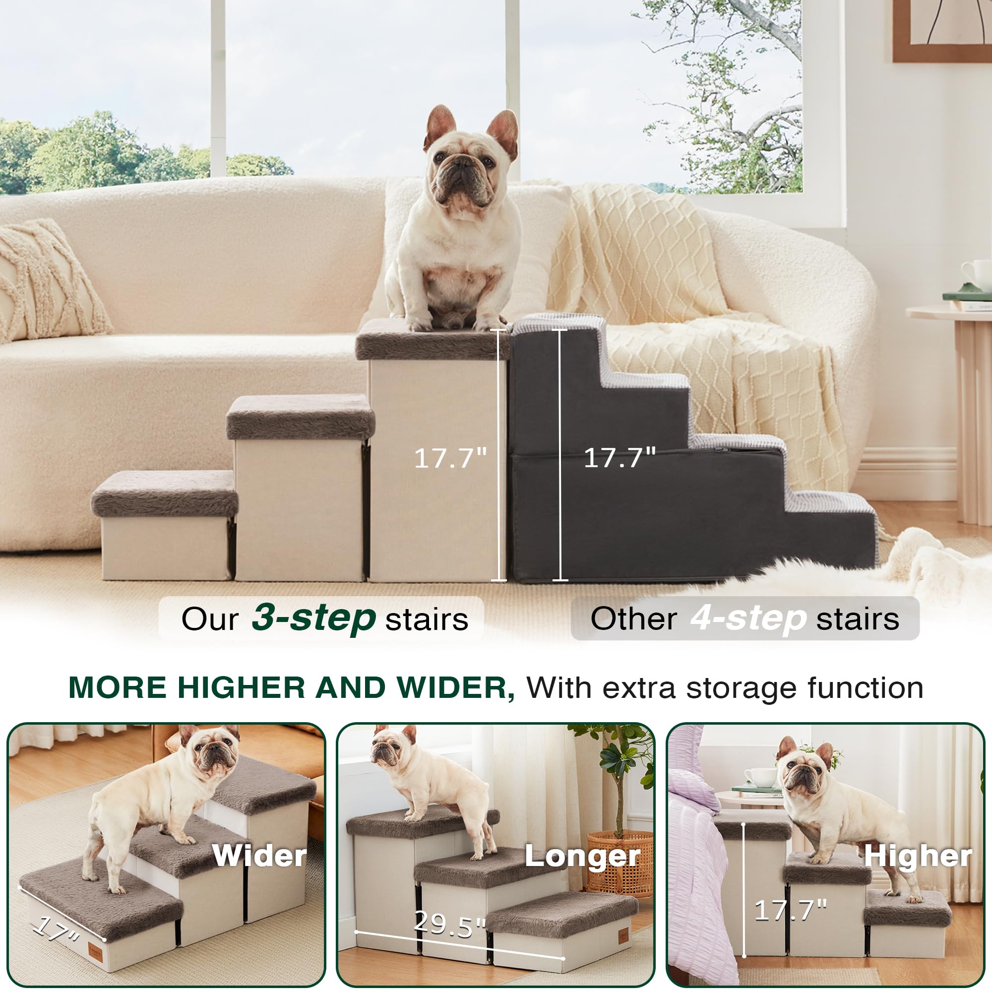 Love's Cabin Dog Stairs - 3 Steps, Foldable, 18" H, Brown Furry Lid for Small to Large Dogs, Supports up to 200 lbs