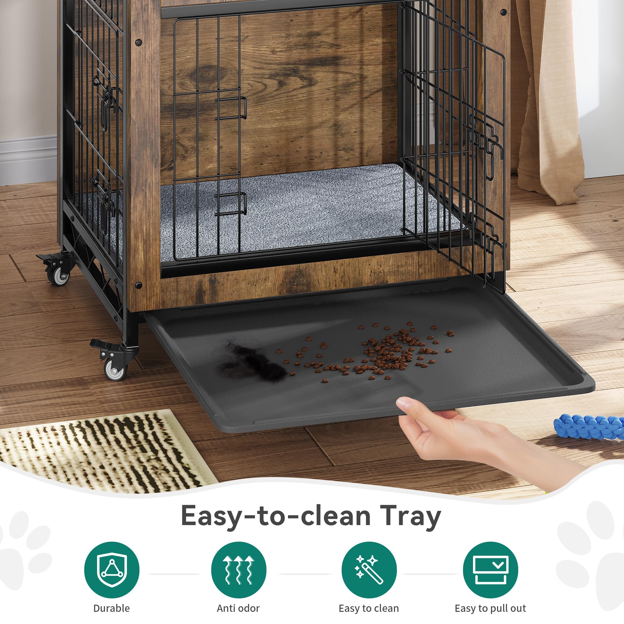 Dwvo Dog Crate Furniture With Wheels, 27'' Dog Kennel Indoor With Cushion, Dog Crate End Table With Tray, Dog Cage With Double D