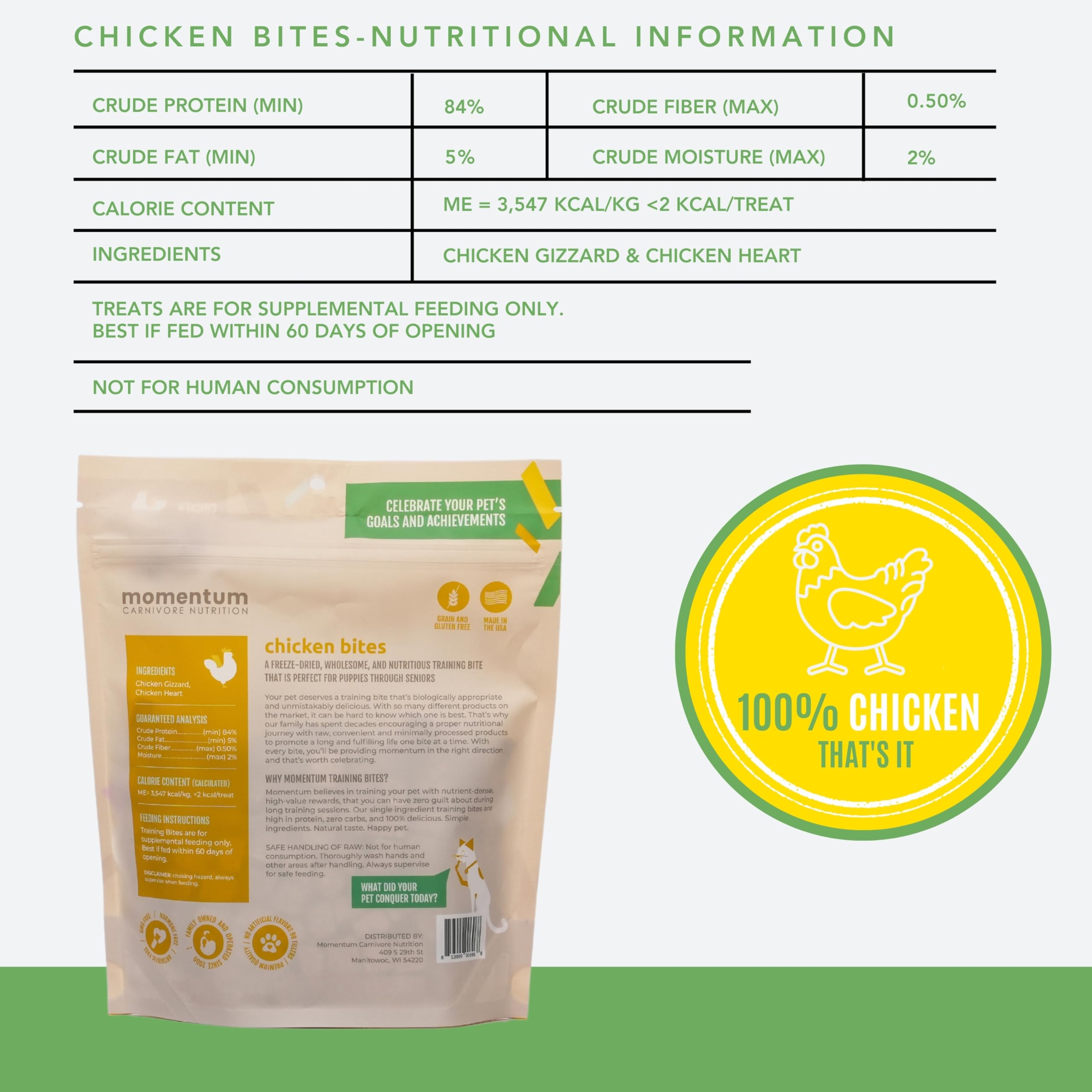 Momentum Carnivore Nutrition Freeze-Dried Chicken Training Bites - Two Ingredients-Chicken Gizzard and Heart, All-Natural Dog Tr