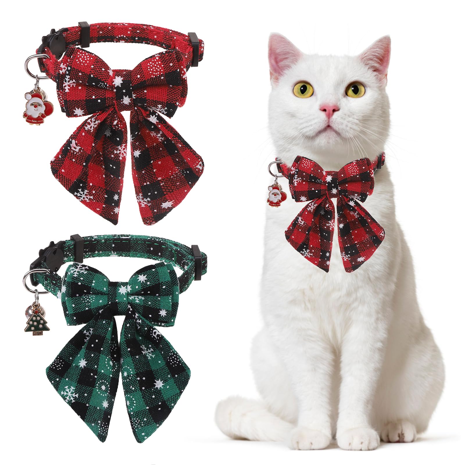 Dillybud Christmas Cat Collar With Bells & Cute Pendant - Breakaway With Removable Bow Tie For Girl Boy Cats, 2 Pack Holiday Kit
