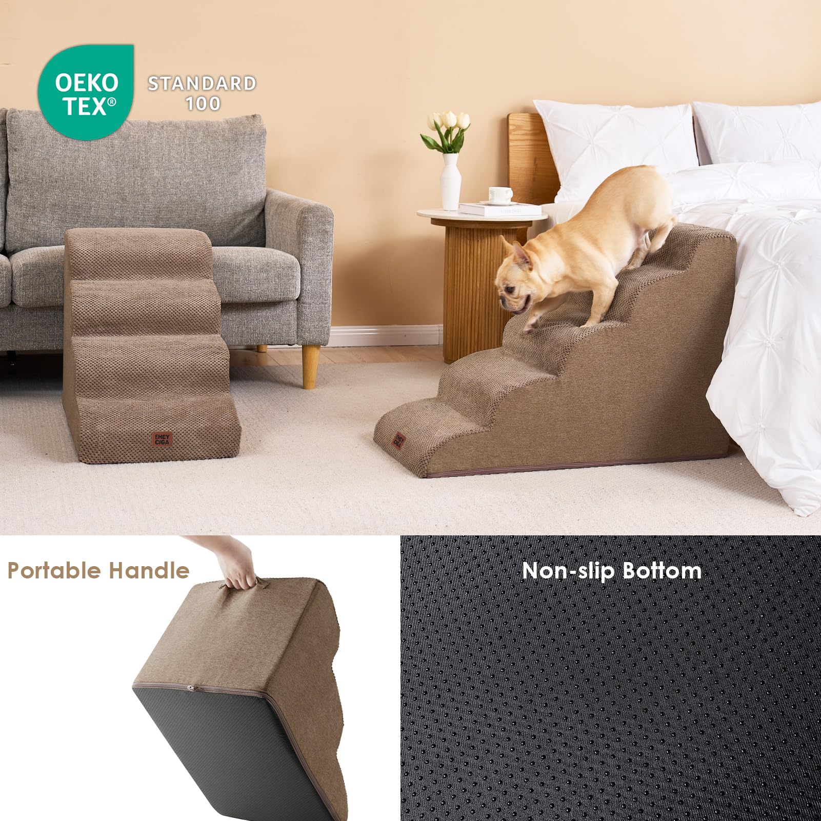 Eheyciga Curved Dog Stairs Ramp For High Beds 22.6' H, 5-Step Dog Steps For Small Dogs And Cats, Pet Stairs For High Bed Climbing, Non-Slip Balanced Pet Step Indoor, Camel