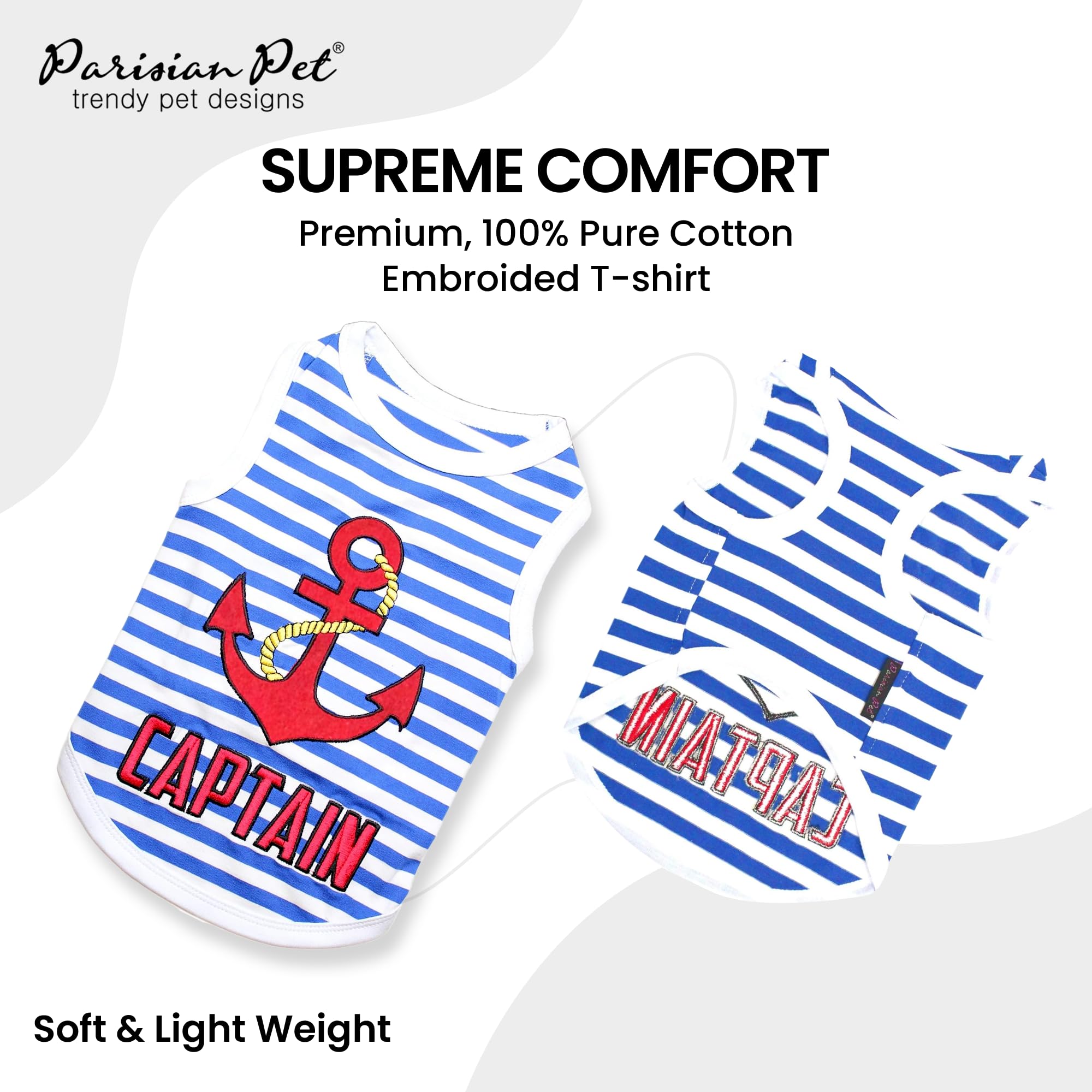 Parisian Pet Unisex Dog Tshirt - Embroidered  Captain  Dog Shirt - Breathable And Lightweight Dog Tank Top- Sleeveless Dog Tee S