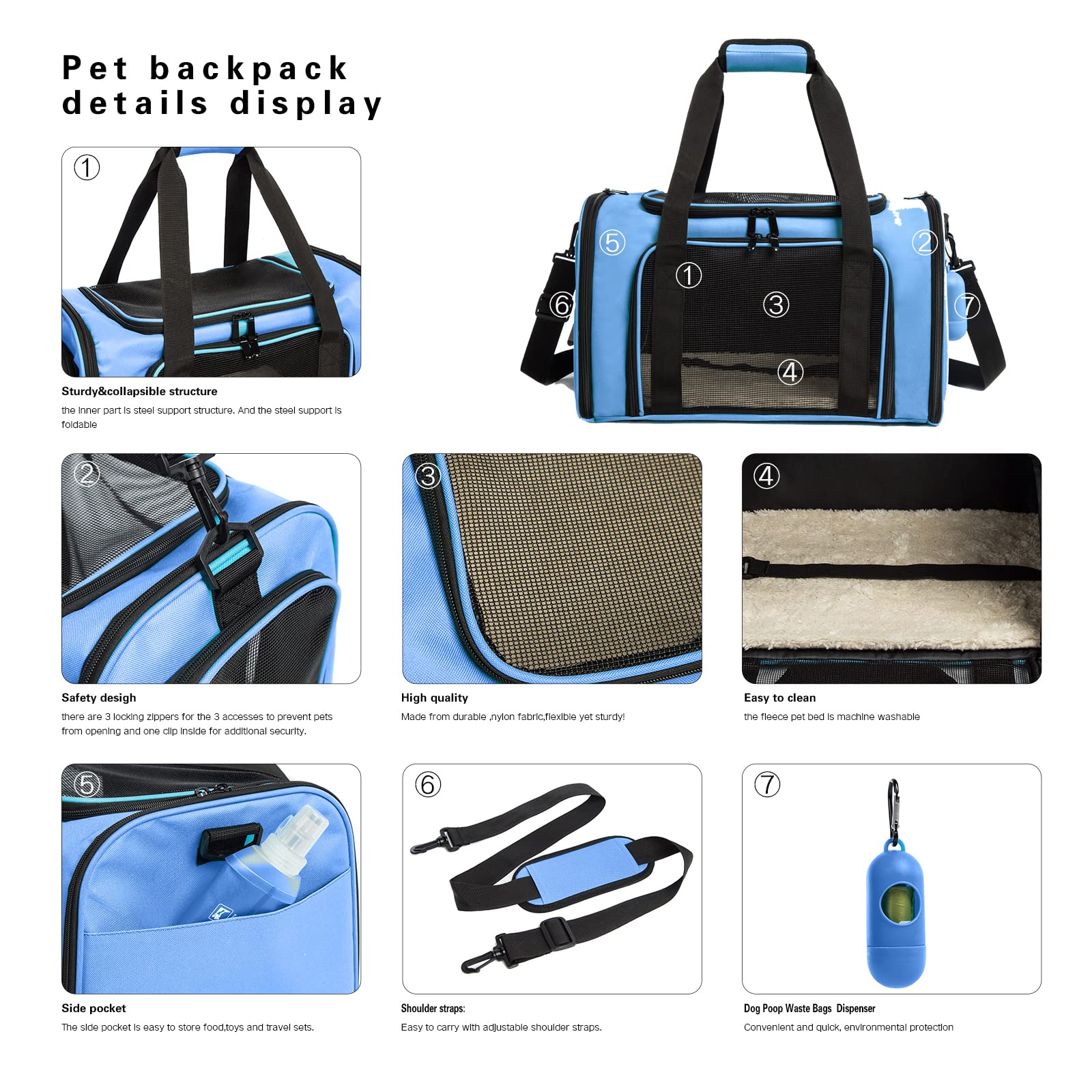 Rosebb Cat Carrier Dog Carrier Pet Carrier Cat Bags For Small Medium Cats Dogs Puppies Of 15 Lbs,Of Airline Approved Small Dog Bag Soft Sided,Collapsible Travel Puppy Carrier (Medium, Blue)