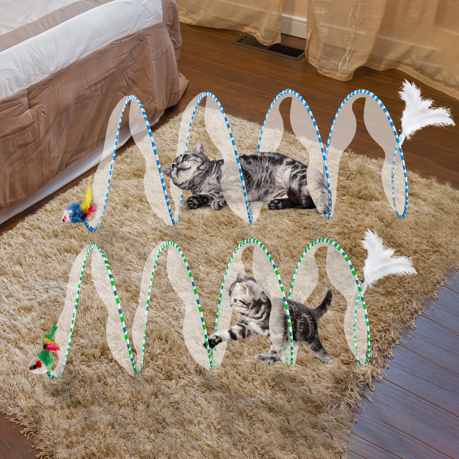 Eggsun 2-Piece Spiral Cat Tubes For Indoor Cats, Large Collapsible Tunnel With Feather Mouse Interactive Toy (Green + Blue & Whi