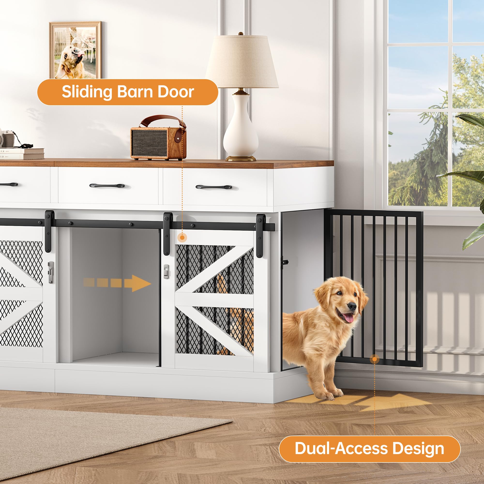OtterOasis Extra Large Dog Crate Furniture for 2 Dogs, 71 Dog Kennel Indoor with Removable Divider and 4 Storage Drawers, Stur