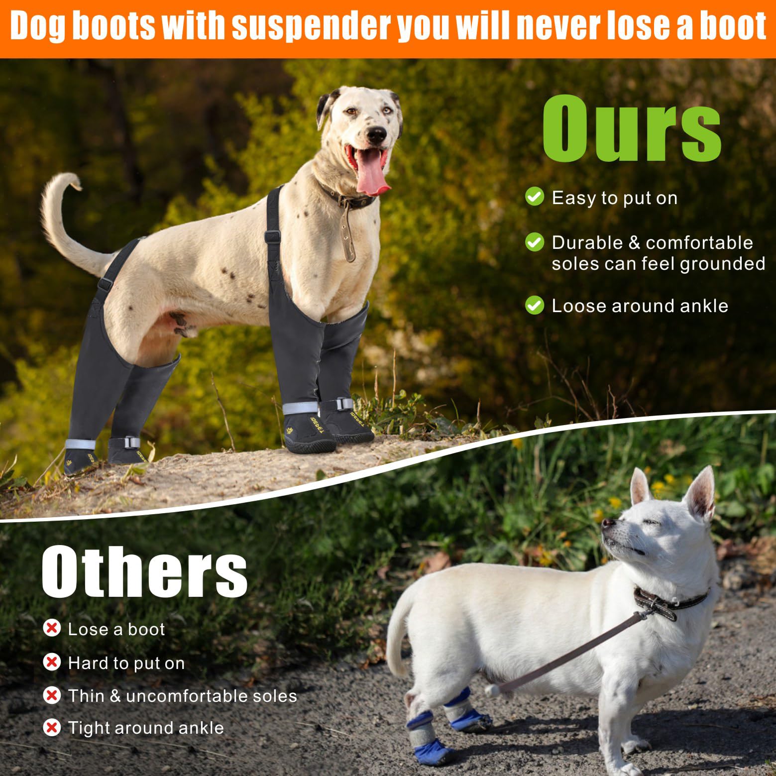 Idepet Dog Suspender Boots, Anti-Slip & Fall Waterproof Tall Dog Shoes Boots Legging for Small Medium Dog, Adjustable Suspender