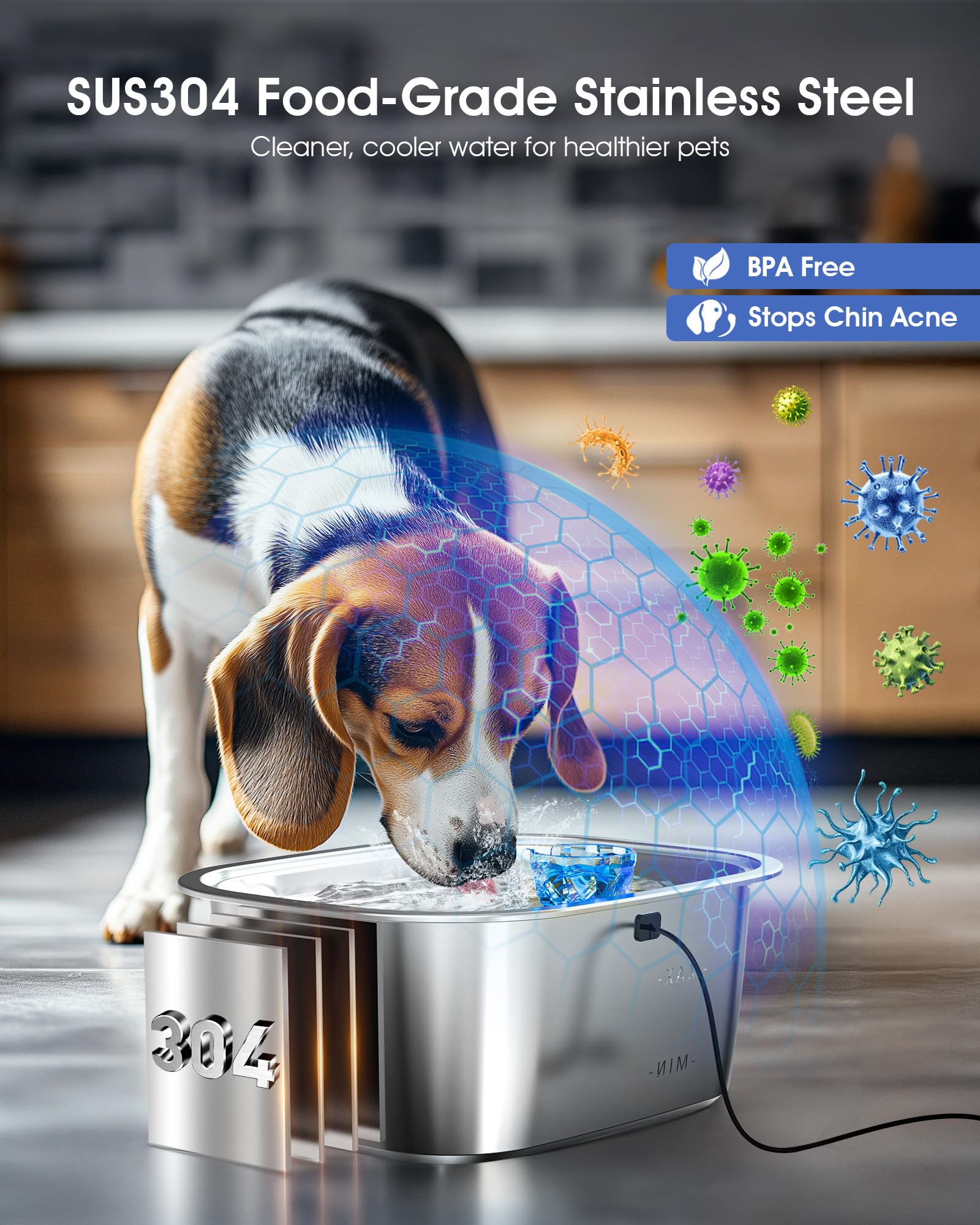 Dog Water Fountain for Large Dogs,3Gal Stainless Steel Dog Fountain Water Bowl Dispenser with 4 Filters Water Level Window,Autom