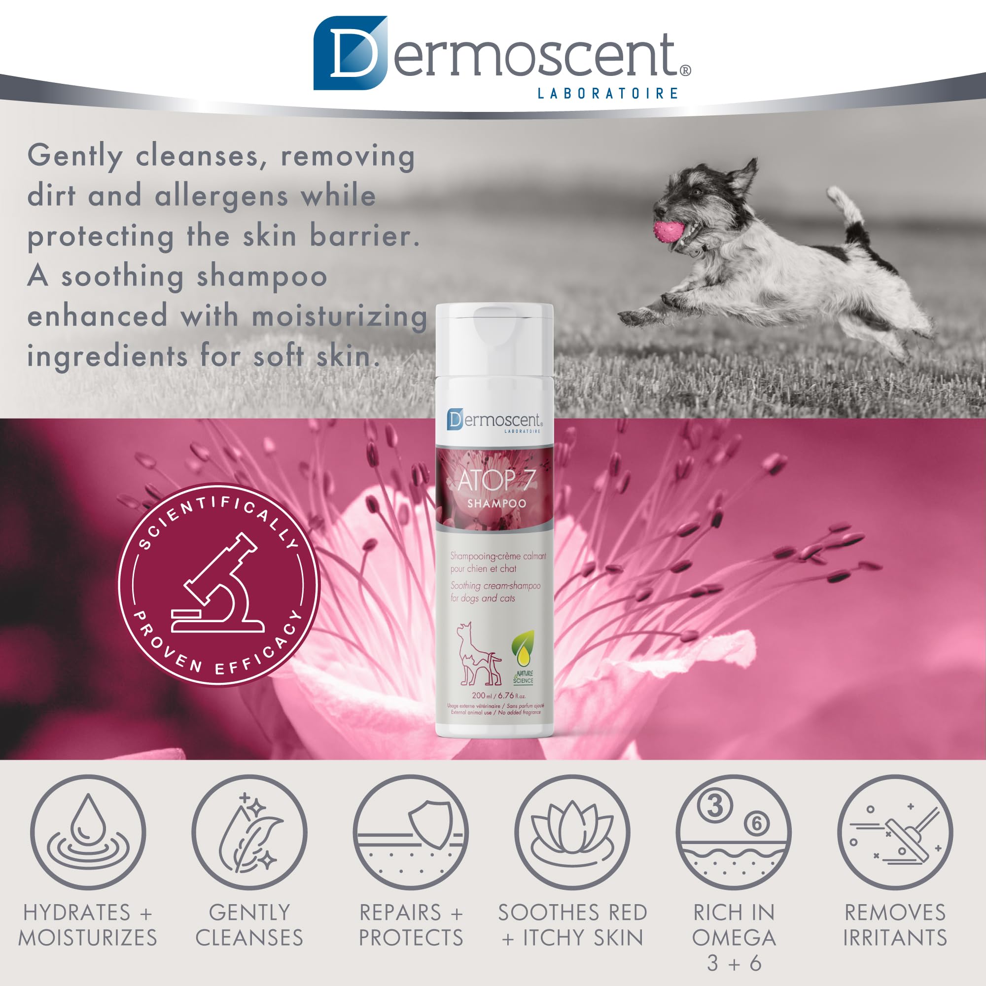 Dermoscent Atop 7 Shampoo For Dogs & Cats - Allergies & Itchy Skin Relief - Natural Ingredients - Helps Soothe Dermatitis & Atop