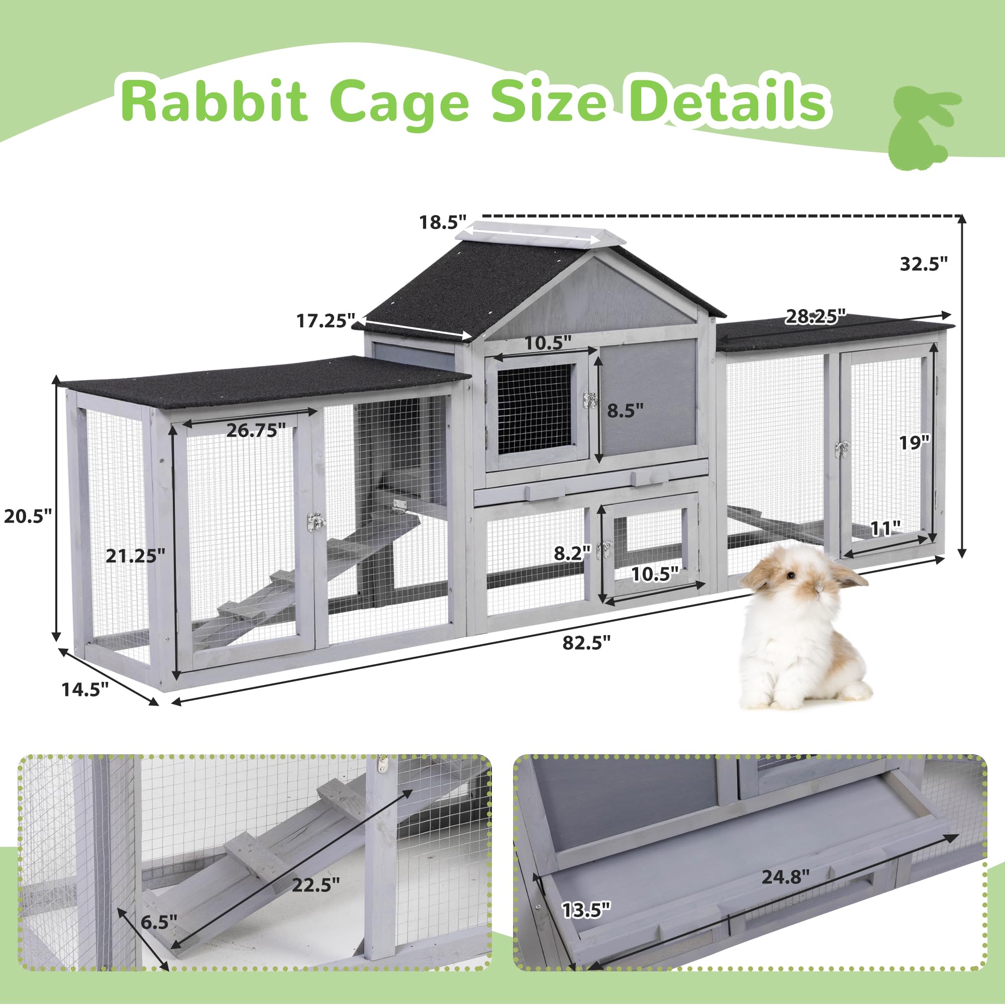 82.5    Large Wooden Rabbit Hutch Outdoor Easy To Assemble Rabbit Cage And Durable Bunny Hutch Indoor With Cleaning Tray & Water
