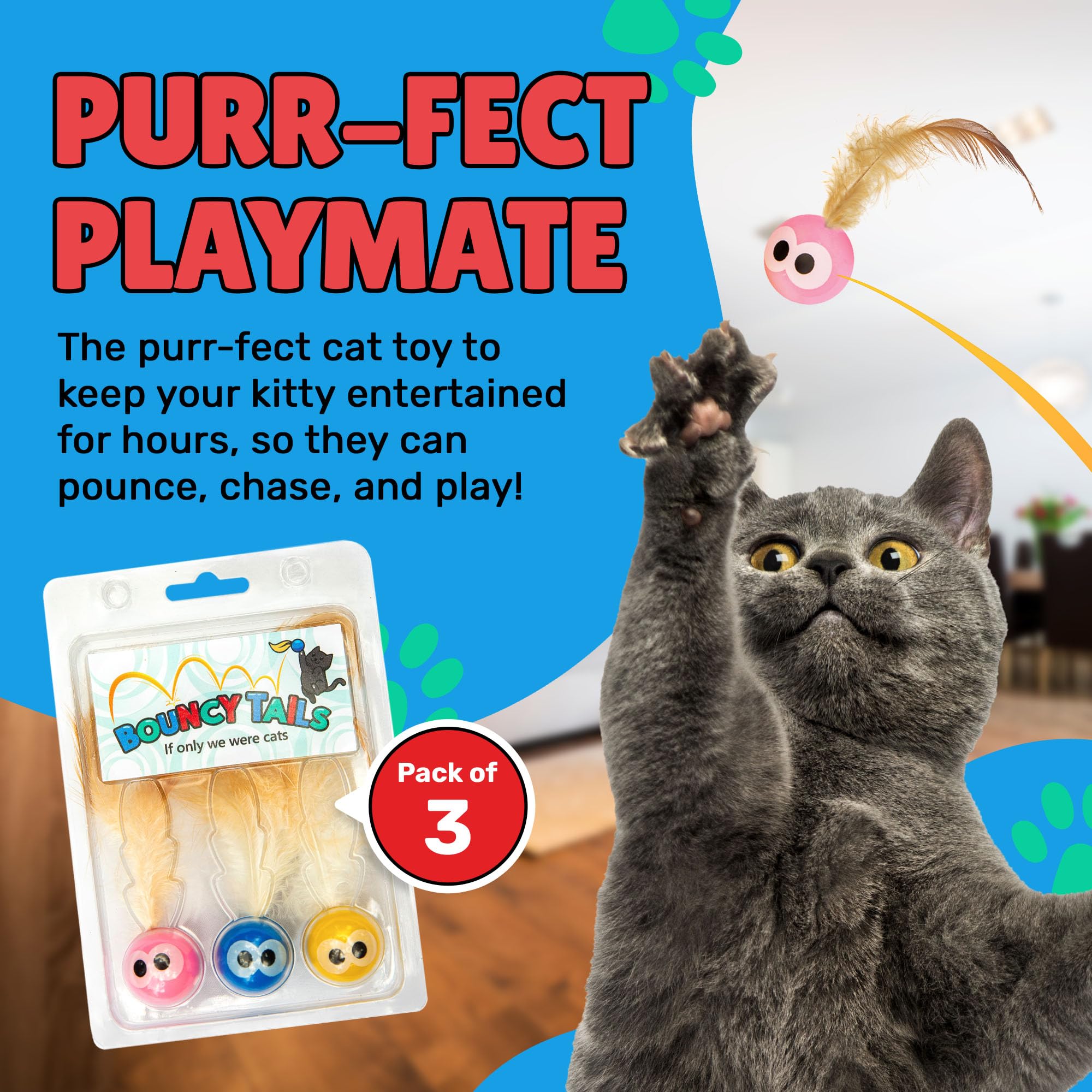 Bouncy Tails 3 Pack Interactive Bouncy Ball with Natural Feathers for Indoor Cats and Kittens who Love to Play and Have Fun.