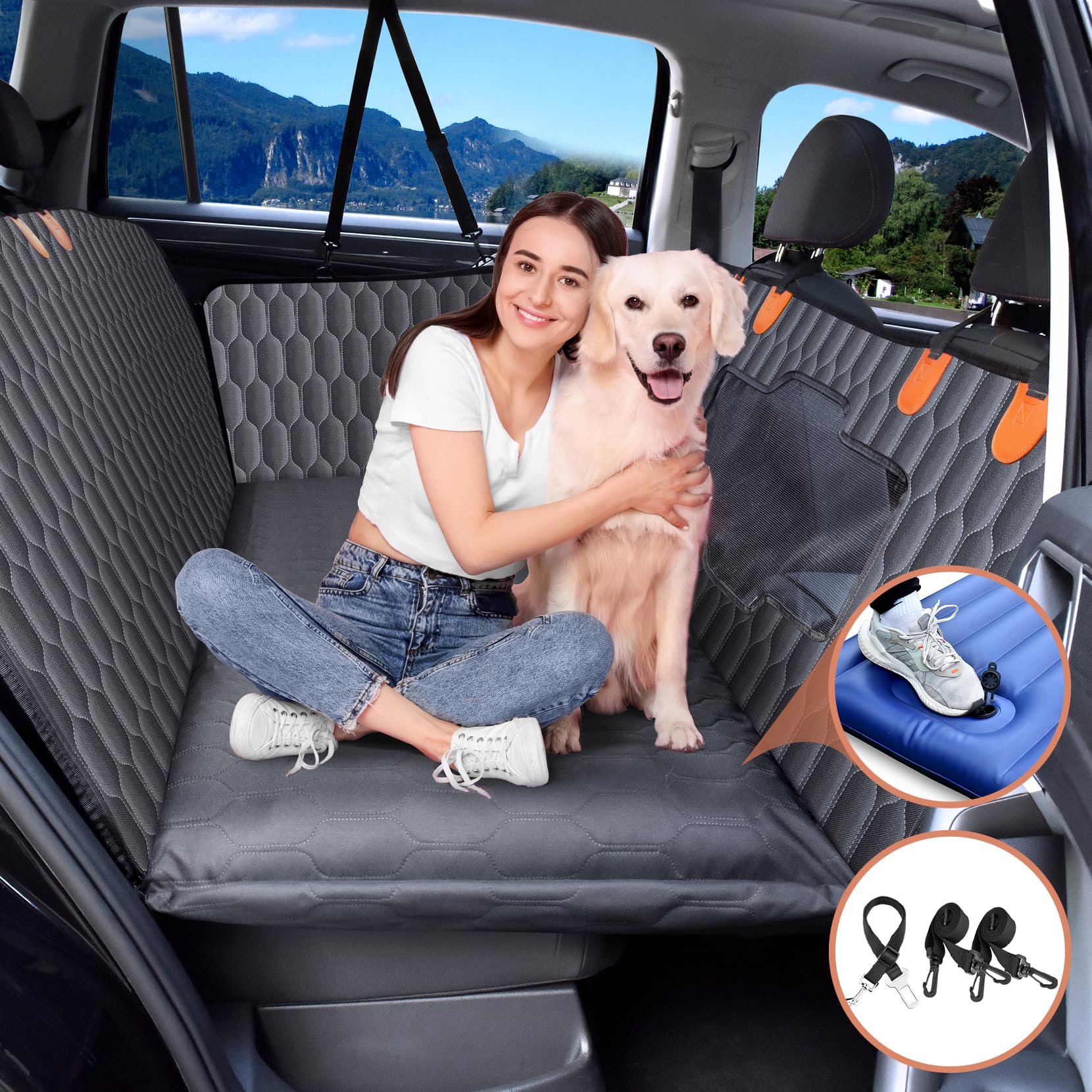Dog Car Seat Cover With Air Cushion-Inflate Only 40S, Hard Bottom Car Seat Cover For Dogs Holds 400Lbs, Sturdy And Comfortable B