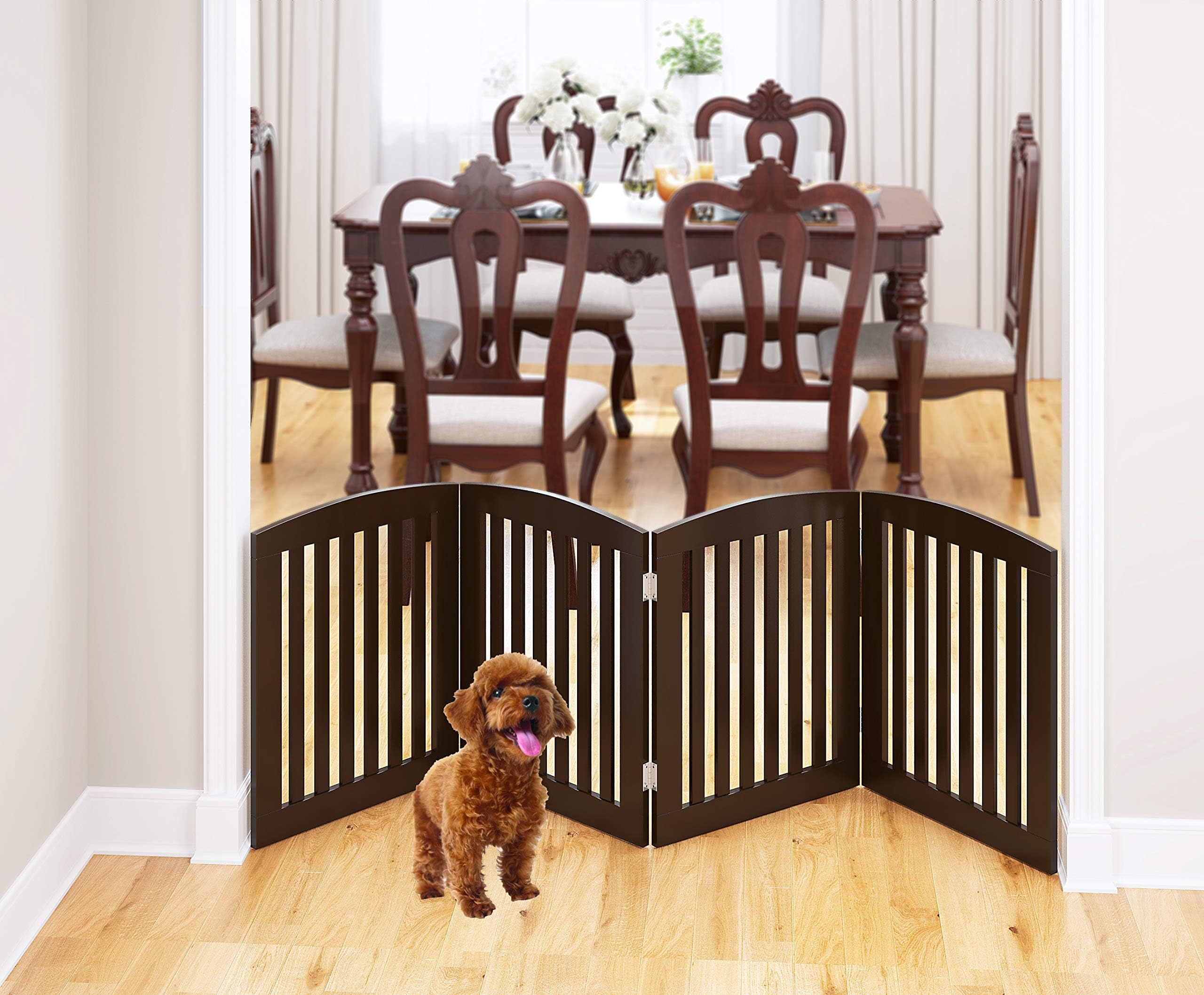 Pawland Wooden Freestanding Foldable Pet Gate For Dogs, 24 Inch 4 Panels Step Over Fence, Dog Gate For The House, Doorway, Stairs, Extra Wide (Espresso, 24' Height-4 Panels)