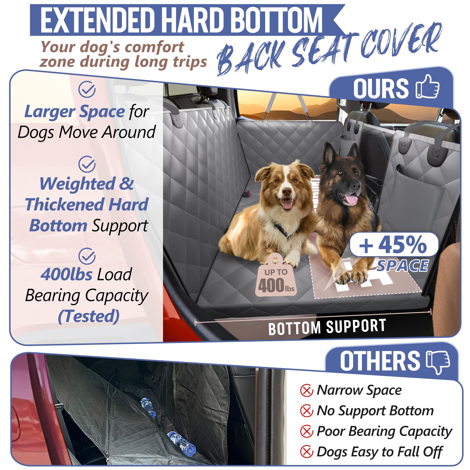 Rouwinne Back Seat Extender For Dogs Truck-Large Space, Truck Dog Car Seat Cover For Back Seat Hard Bottom Holds 400Lbs, Sturdy Pet Seat Covers For Trucks, Waterproof Backseat Dog Hammock For Truck