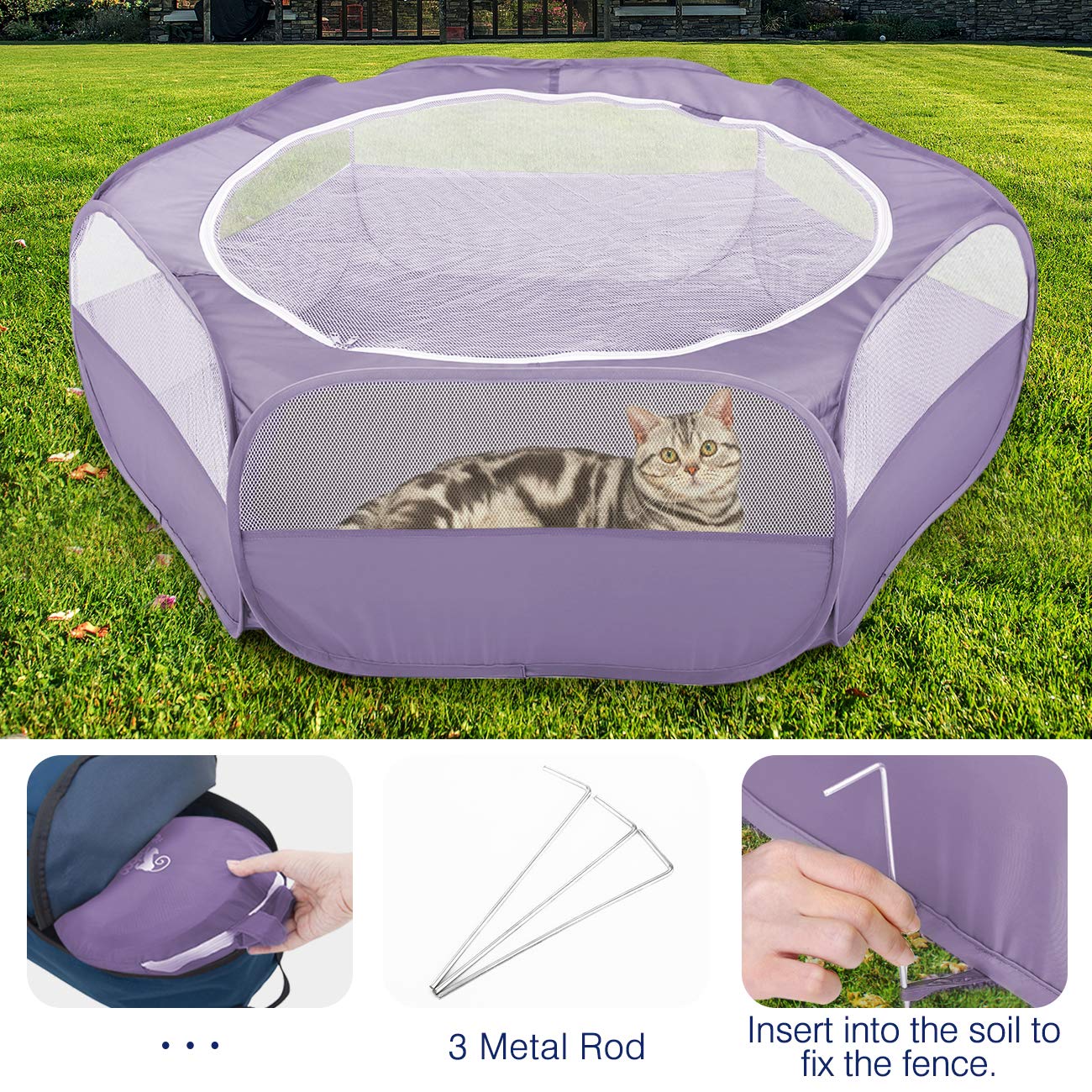 Pawaboo Small Animals Playpen, Breathable & Waterproof Small Pet Cage Tent With Zippered Cover, Portable Outdoor Yard Fence For Kitten/Puppy/Guinea Pig/Rabbits/Hamster/Chinchillas, Purple