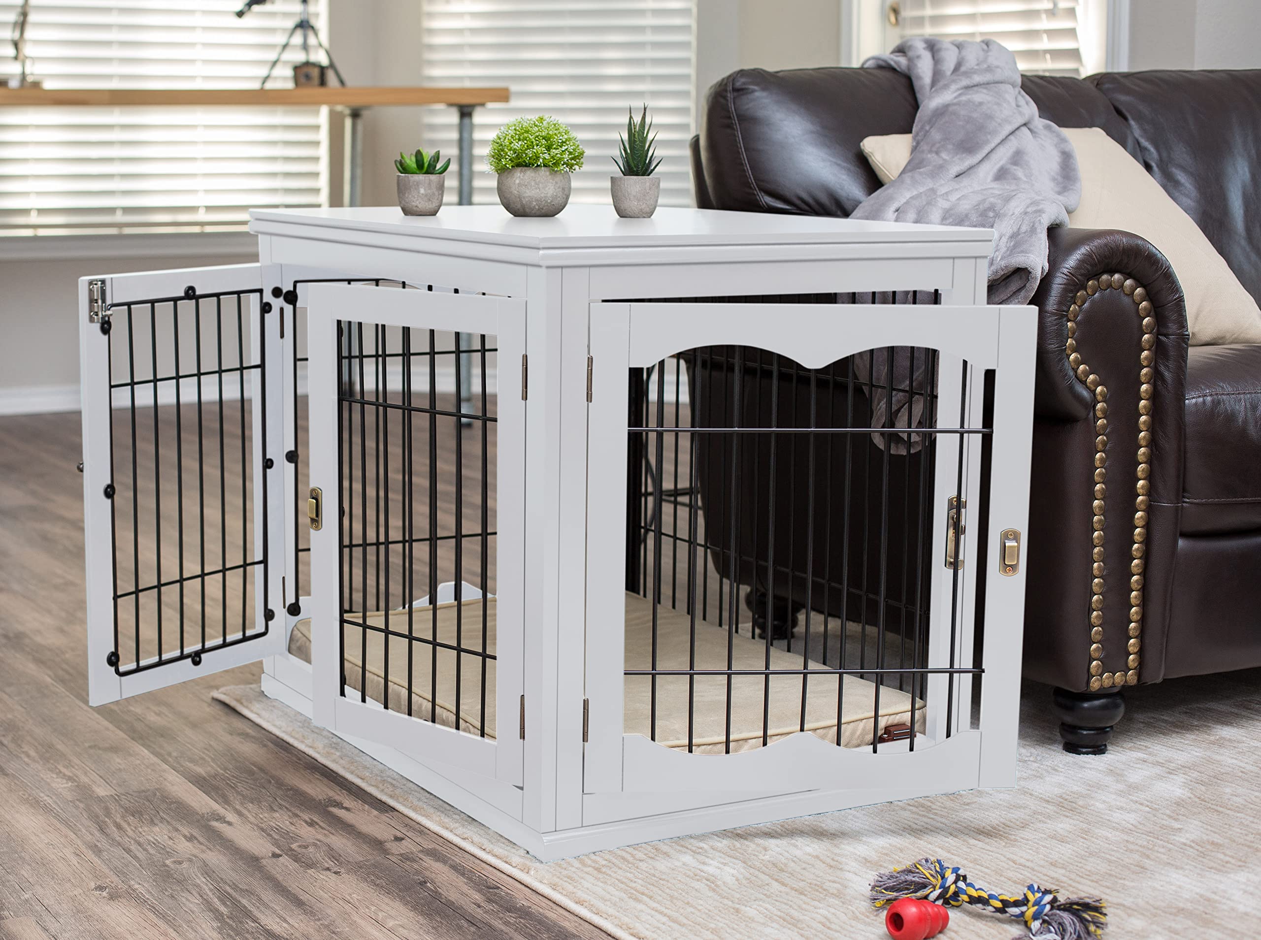 Birdrock Home Decorative Dog Kennel With Pet Bed - Small Indoor Pet Crate, Double Door Design, Engineered Wood & Metal Wire, Fur